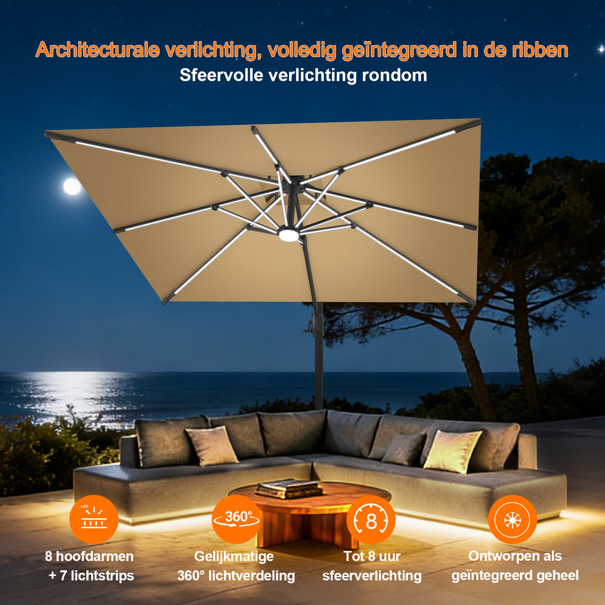 Patioslife Aegis Premium Zweefparasol – 360° Draaibaar met LED-Verlichting – Gepoedercoat Aluminium Frame – Glasvezel Baleinen – Tuin & Terras
