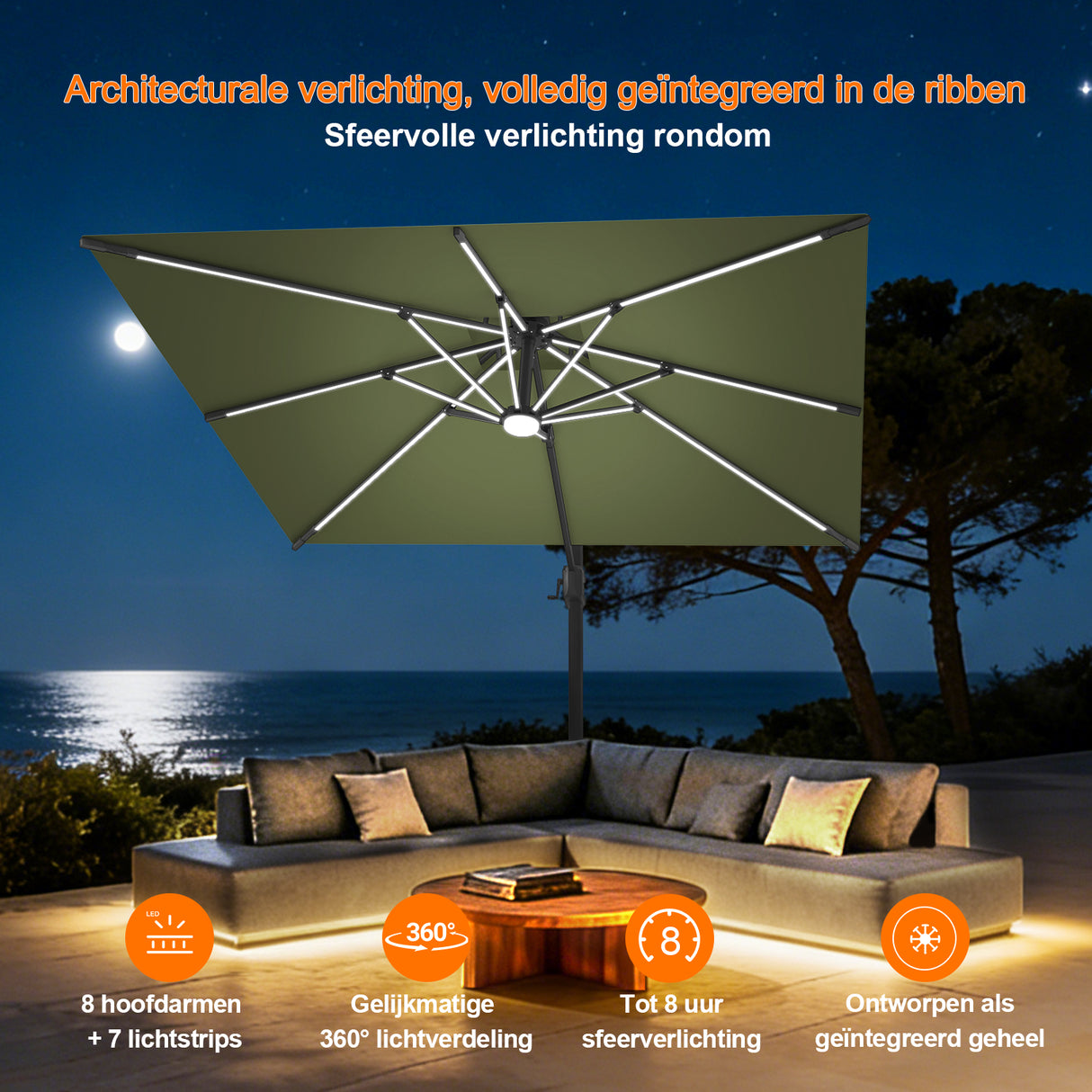 Patioslife Aegis Premium Zweefparasol – 360° Draaibaar met LED-Verlichting – Gepoedercoat Aluminium Frame – Glasvezel Baleinen – Tuin & Terras