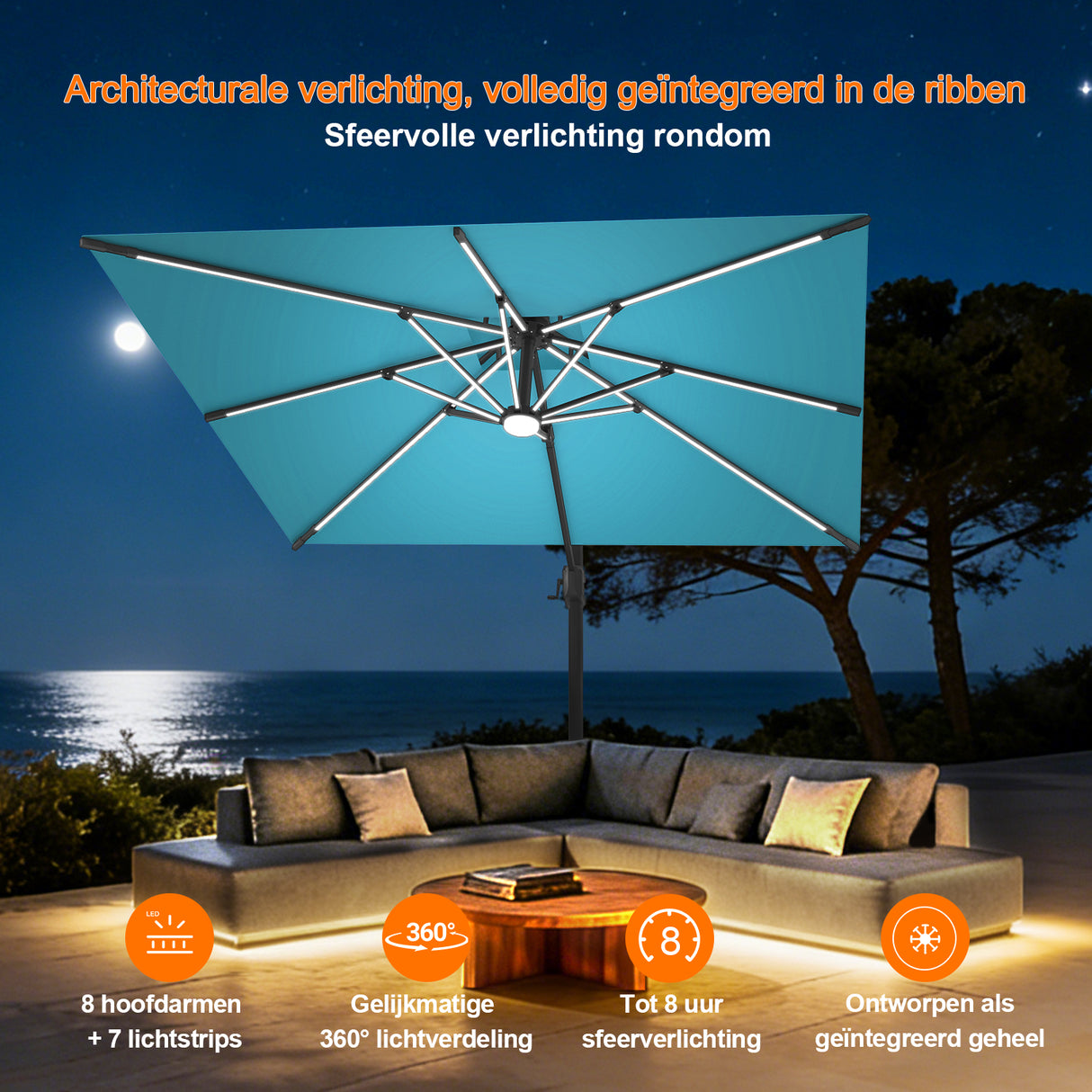 Patioslife Aegis Premium Zweefparasol – 360° Draaibaar met LED-Verlichting – Gepoedercoat Aluminium Frame – Glasvezel Baleinen – Tuin & Terras
