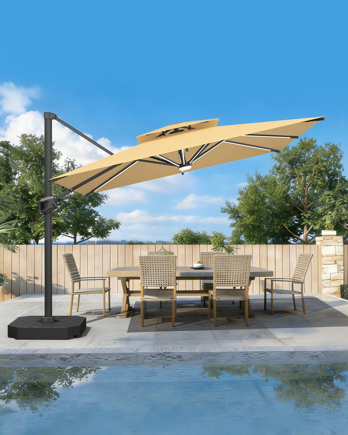 Patioslife Aegis Premium Cantilever Parasol met LED Verlichting, Glasvezel Ribs, Poedercoating Aluminium Stok & Beschermhoes — Luxe Tuin- en Terrasschaduw
