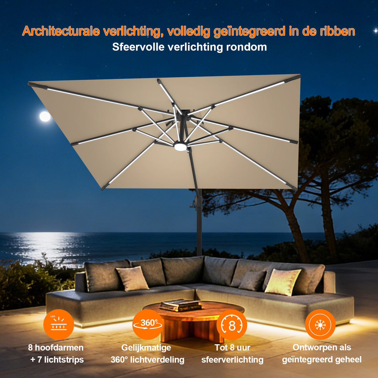 Patioslife Aegis Premium Zweefparasol – 360° Draaibaar met LED-Verlichting – Gepoedercoat Aluminium Frame – Glasvezel Baleinen – Tuin & Terras