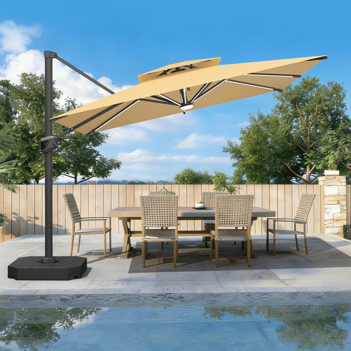 Patioslife Aegis Premium Zweefparasol – 360° Draaibaar met LED-Verlichting – Gepoedercoat Aluminium Frame – Glasvezel Baleinen – Tuin & Terras