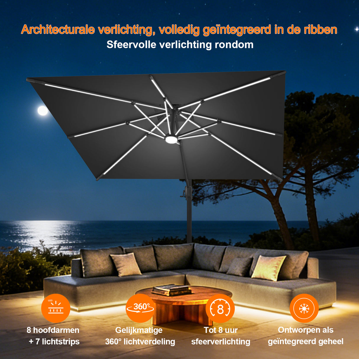 Patioslife Aegis Premium Zweefparasol – 360° Draaibaar met LED-Verlichting – Gepoedercoat Aluminium Frame – Glasvezel Baleinen – Tuin & Terras