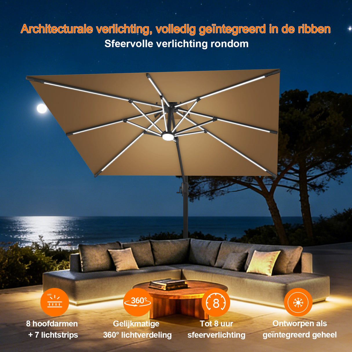 Patioslife Aegis Premium Zweefparasol – 360° Draaibaar met LED-Verlichting – Gepoedercoat Aluminium Frame – Glasvezel Baleinen – Tuin & Terras