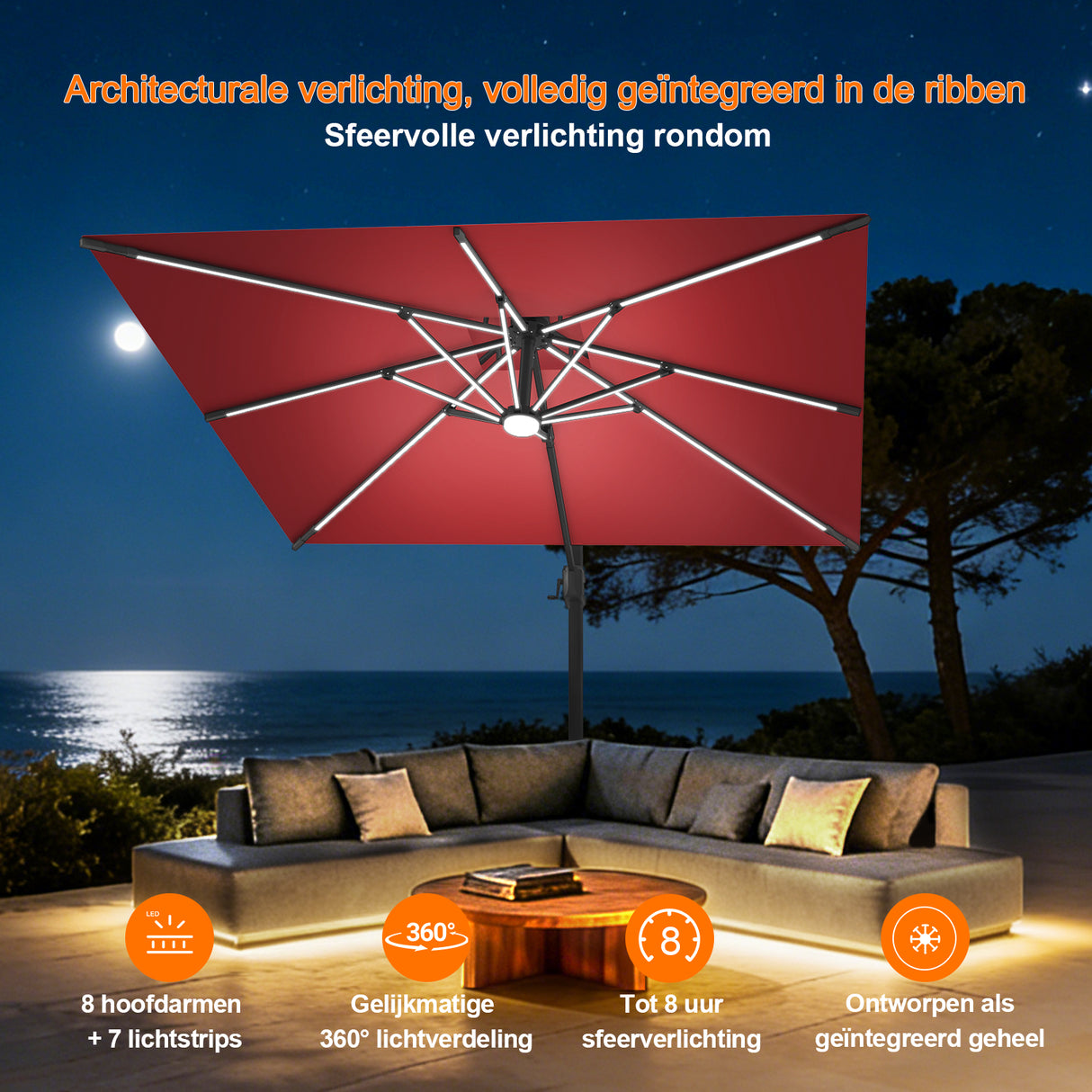 Patioslife Aegis Premium Zweefparasol – 360° Draaibaar met LED-Verlichting – Gepoedercoat Aluminium Frame – Glasvezel Baleinen – Tuin & Terras