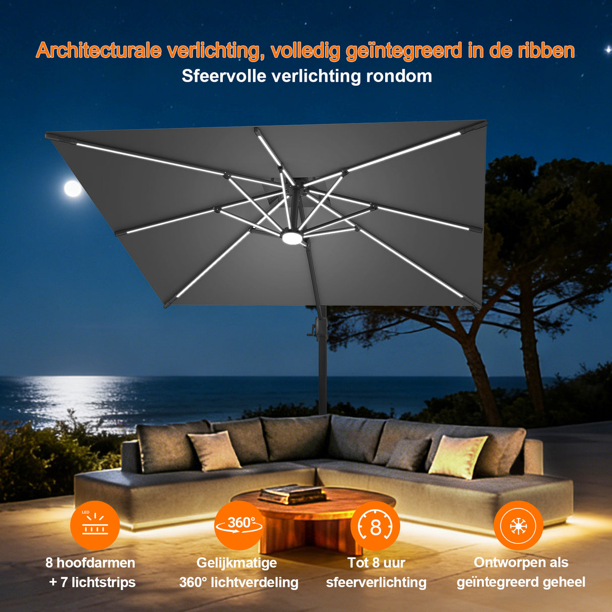 Patioslife Aegis Premium Zweefparasol – 360° Draaibaar met LED-Verlichting – Gepoedercoat Aluminium Frame – Glasvezel Baleinen – Tuin & Terras