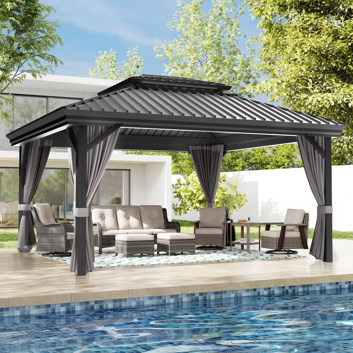 Patioslife Luxury Haven - Hardtop Prieel met Stijlvolle Houtlook - Geïntegreerde Waterafvoer - 5 Jaar Frame Garantie - Weersbestendig
