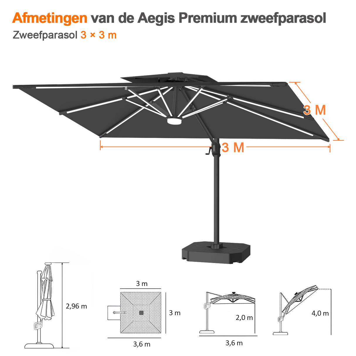 Patioslife Aegis Premium Zweefparasol – 360° Draaibaar met LED-Verlichting – Gepoedercoat Aluminium Frame – Glasvezel Baleinen – Tuin & Terras