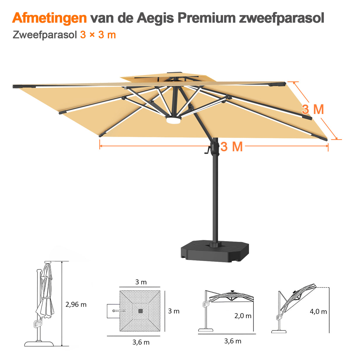 Patioslife Aegis Premium Zweefparasol – 360° Draaibaar met LED-Verlichting – Gepoedercoat Aluminium Frame – Glasvezel Baleinen – Tuin & Terras