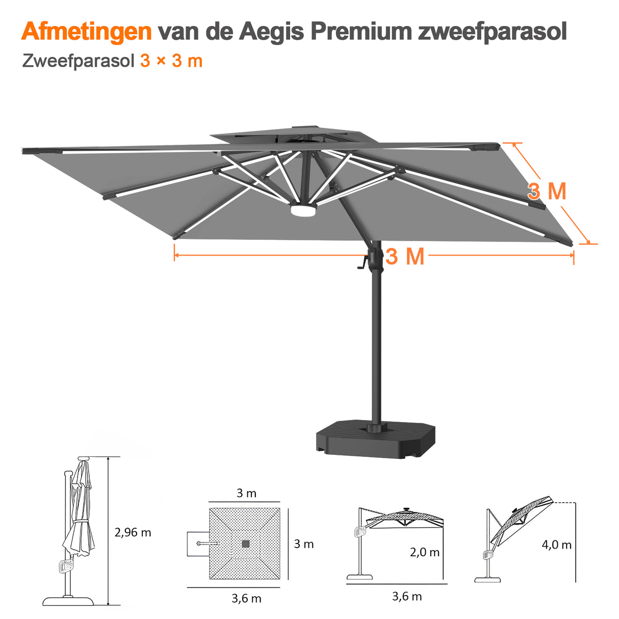 Patioslife Aegis Premium Zweefparasol – 360° Draaibaar met LED-Verlichting – Gepoedercoat Aluminium Frame – Glasvezel Baleinen – Tuin & Terras