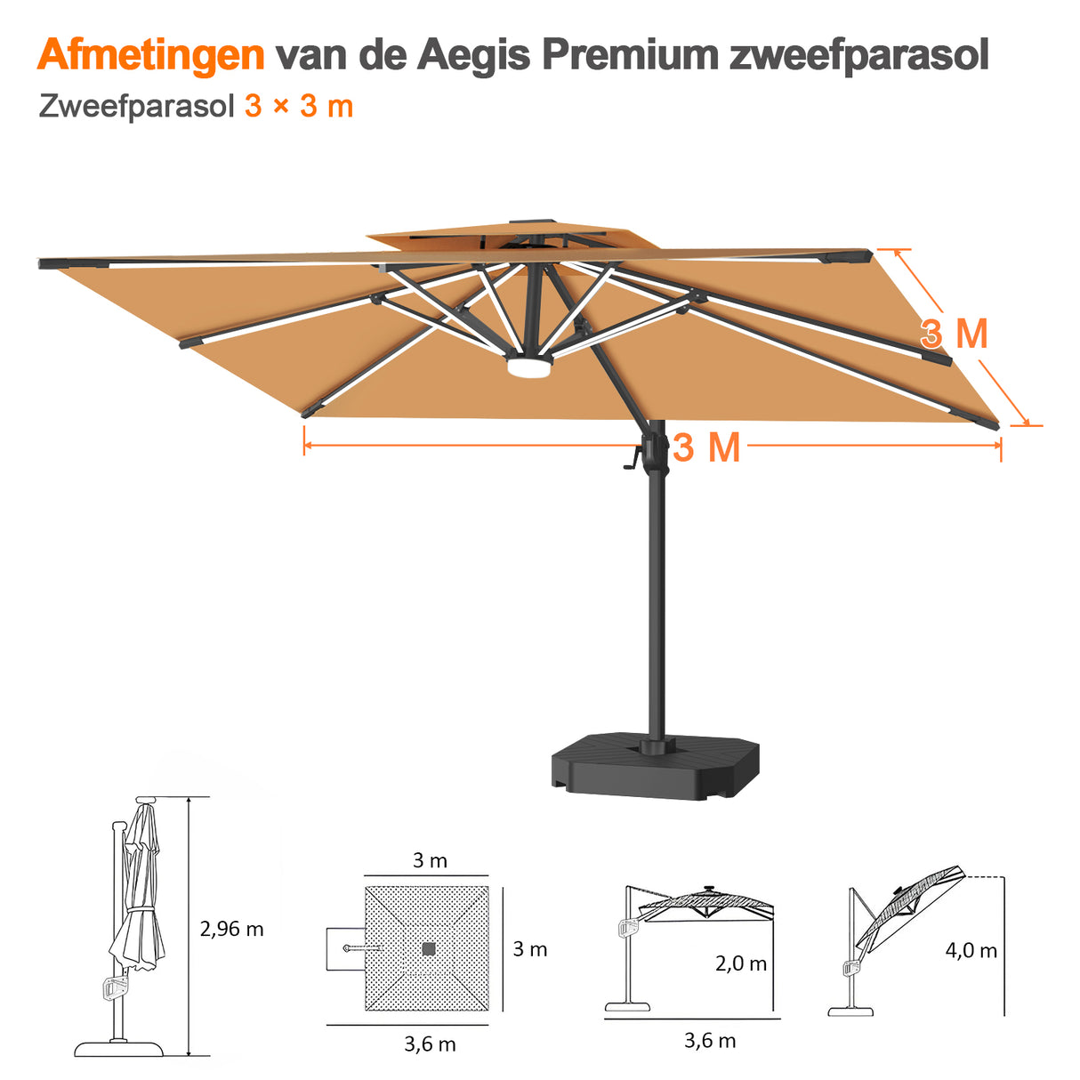 Patioslife Aegis Premium Zweefparasol – 360° Draaibaar met LED-Verlichting – Gepoedercoat Aluminium Frame – Glasvezel Baleinen – Tuin & Terras