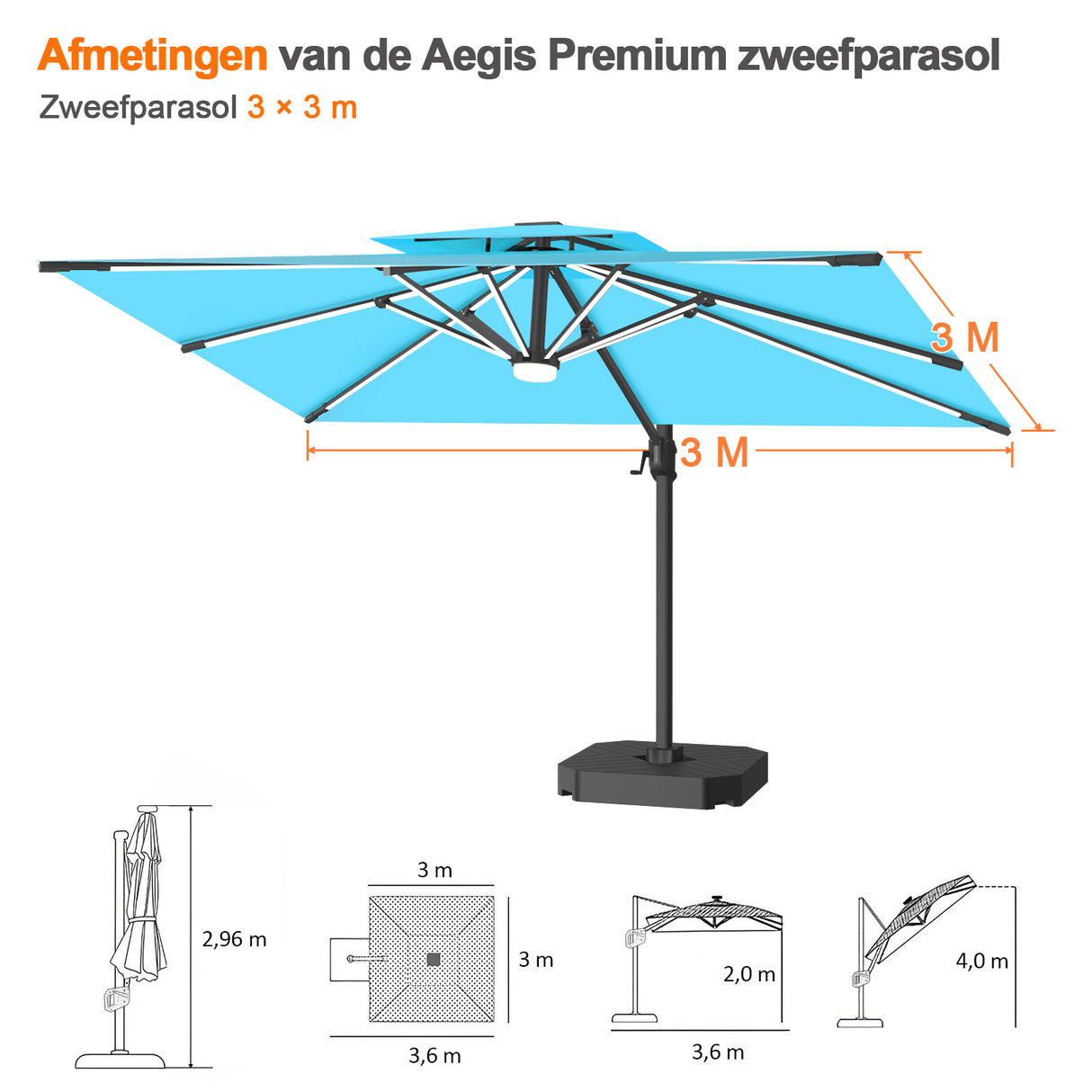 Patioslife Aegis Premium Zweefparasol – 360° Draaibaar met LED-Verlichting – Gepoedercoat Aluminium Frame – Glasvezel Baleinen – Tuin & Terras