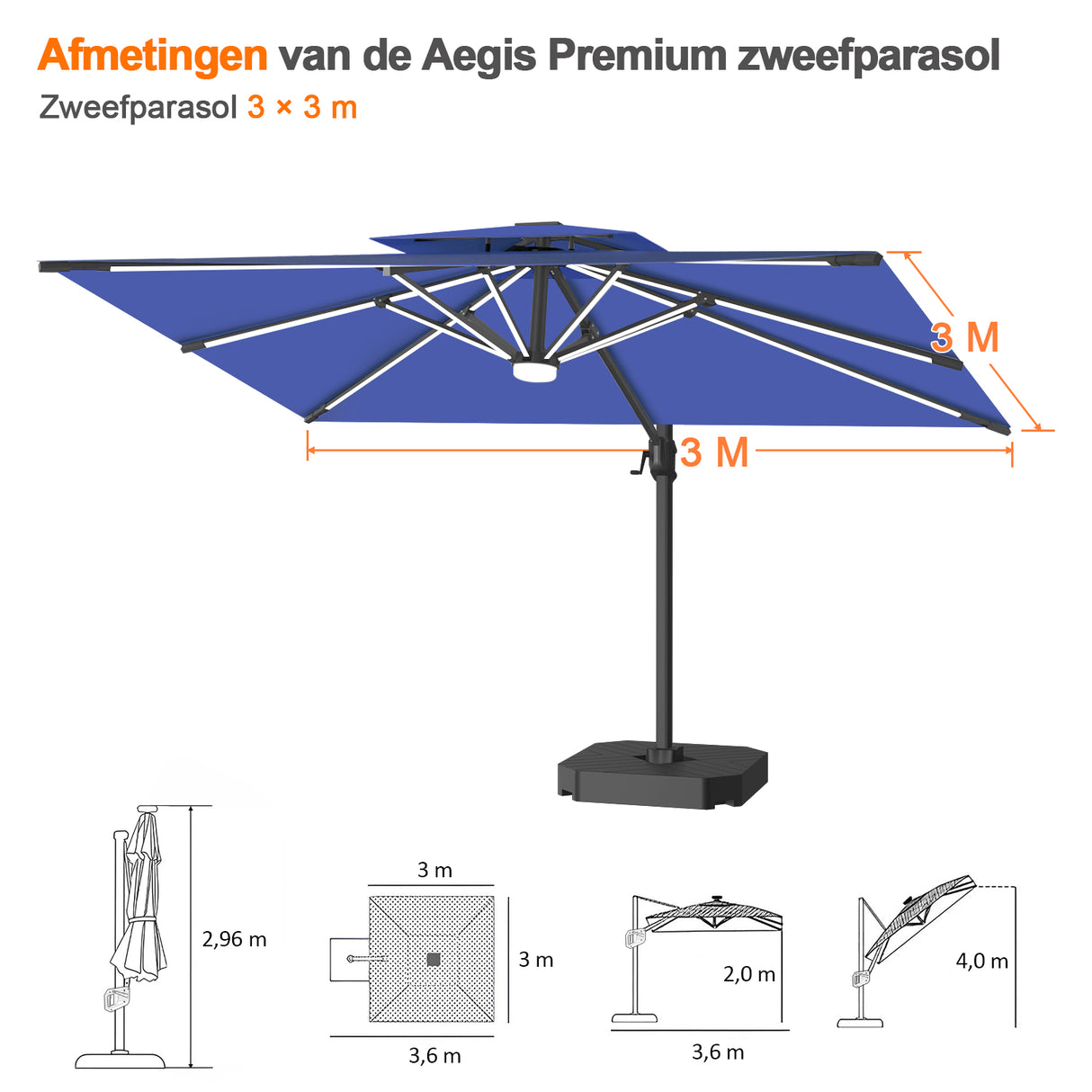 Patioslife Aegis Premium Zweefparasol – 360° Draaibaar met LED-Verlichting – Gepoedercoat Aluminium Frame – Glasvezel Baleinen – Tuin & Terras