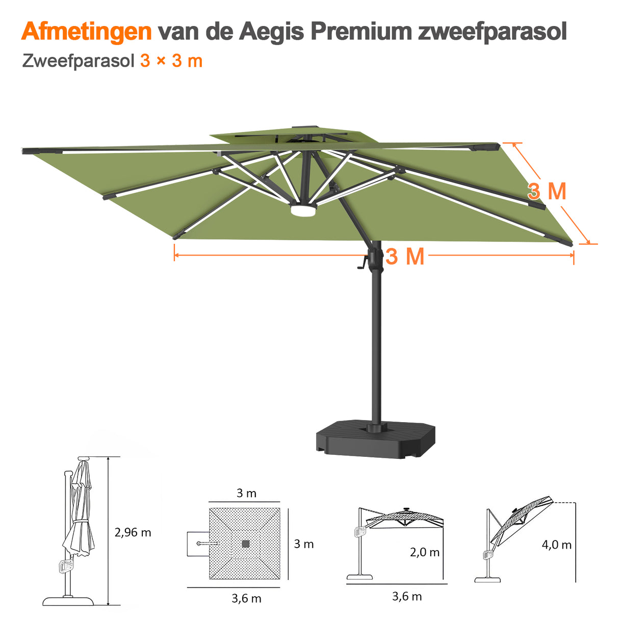 Patioslife Aegis Premium Zweefparasol – 360° Draaibaar met LED-Verlichting – Gepoedercoat Aluminium Frame – Glasvezel Baleinen – Tuin & Terras