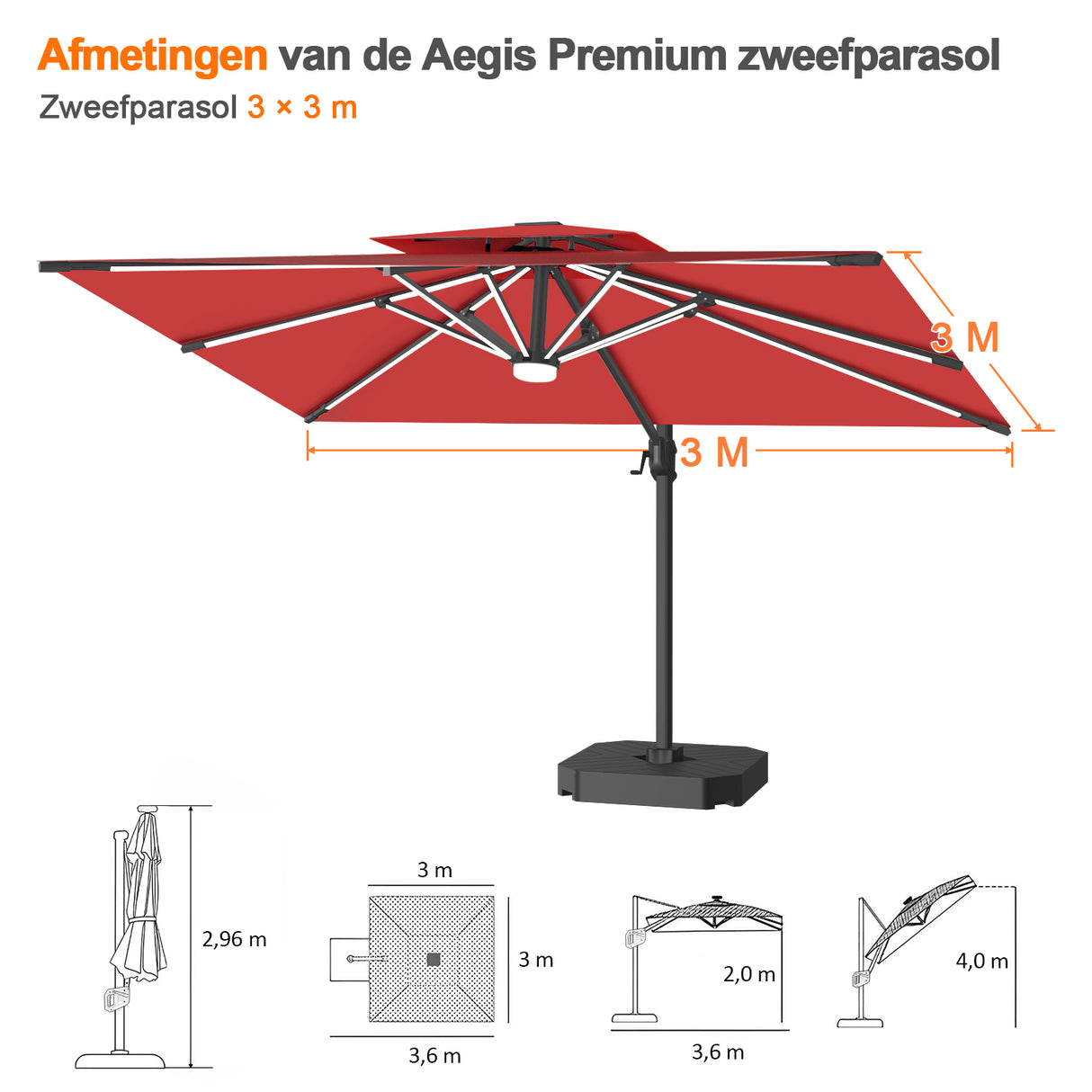 Patioslife Aegis Premium Zweefparasol – 360° Draaibaar met LED-Verlichting – Gepoedercoat Aluminium Frame – Glasvezel Baleinen – Tuin & Terras
