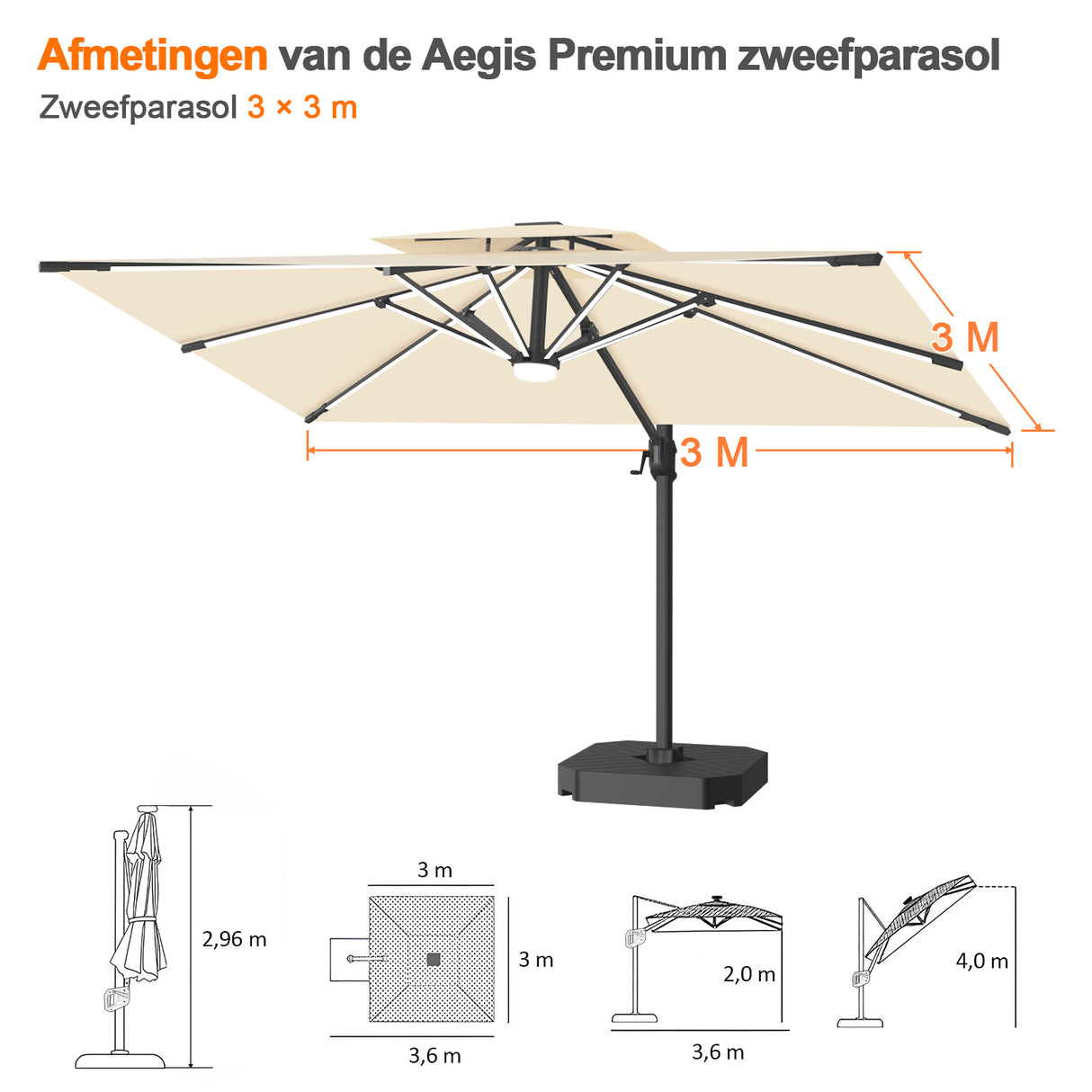 Patioslife Aegis Premium Zweefparasol – 360° Draaibaar met LED-Verlichting – Gepoedercoat Aluminium Frame – Glasvezel Baleinen – Tuin & Terras