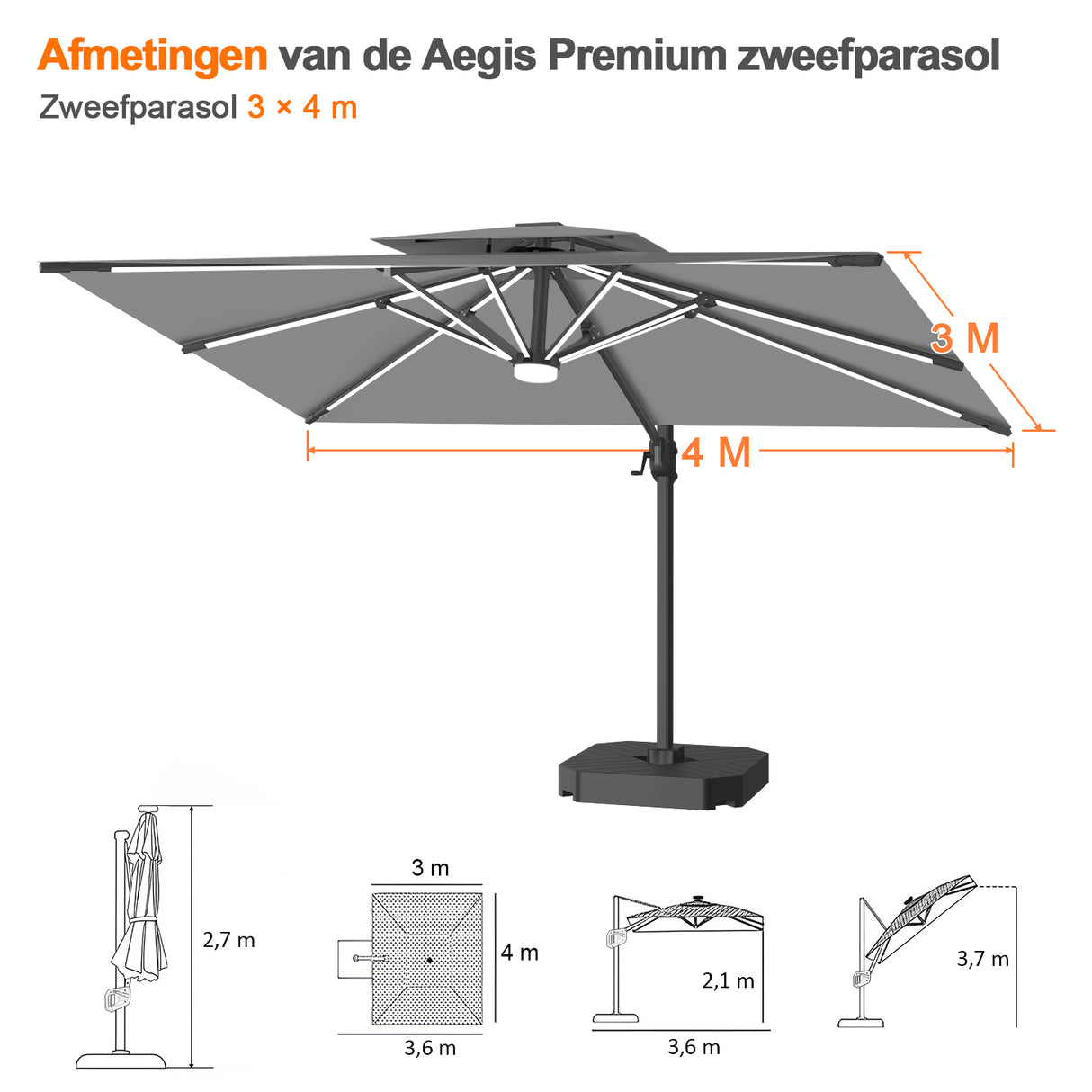 Patioslife Aegis Premium Zweefparasol – 360° Draaibaar met LED-Verlichting – Gepoedercoat Aluminium Frame – Glasvezel Baleinen – Tuin & Terras