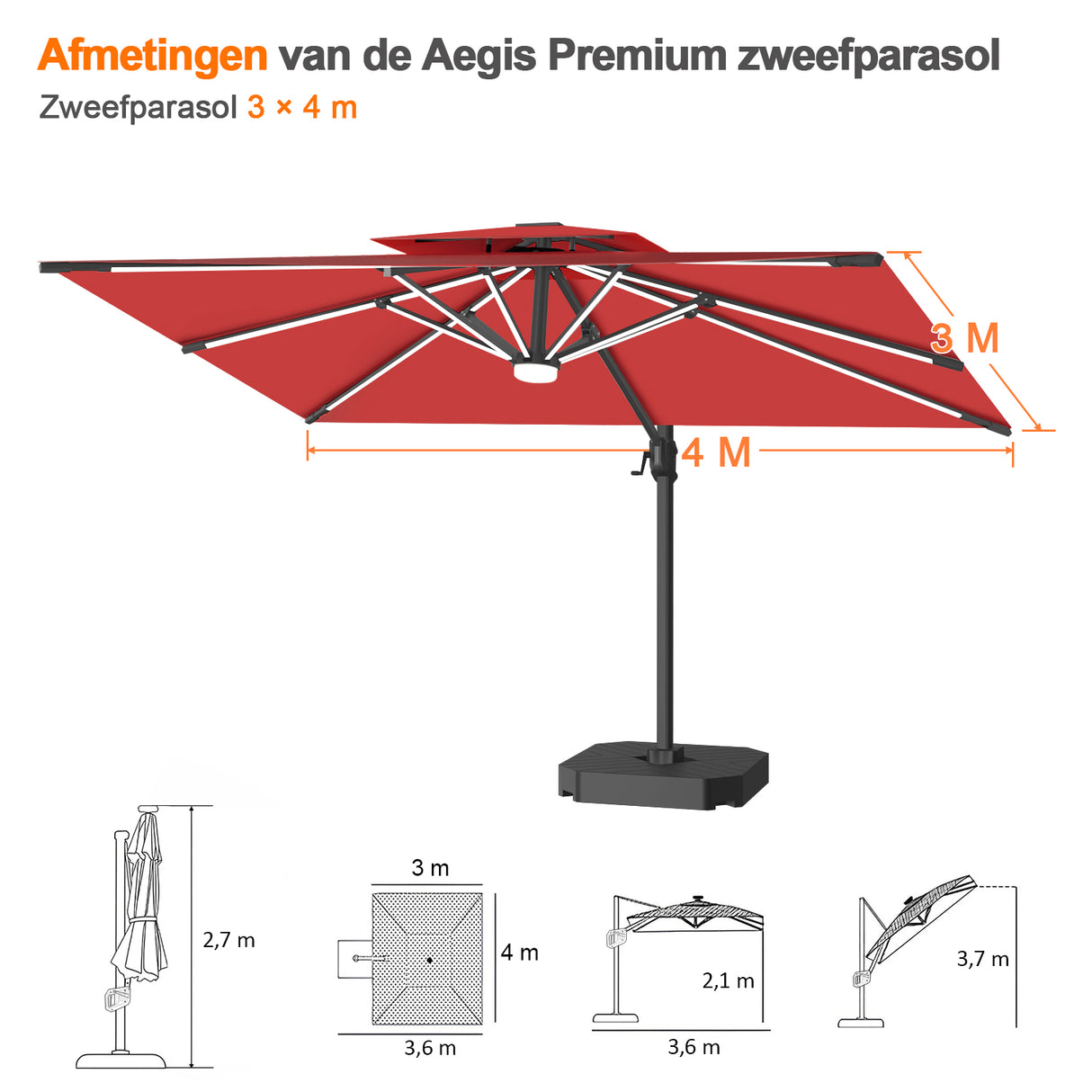 Patioslife Aegis Premium Zweefparasol – 360° Draaibaar met LED-Verlichting – Gepoedercoat Aluminium Frame – Glasvezel Baleinen – Tuin & Terras