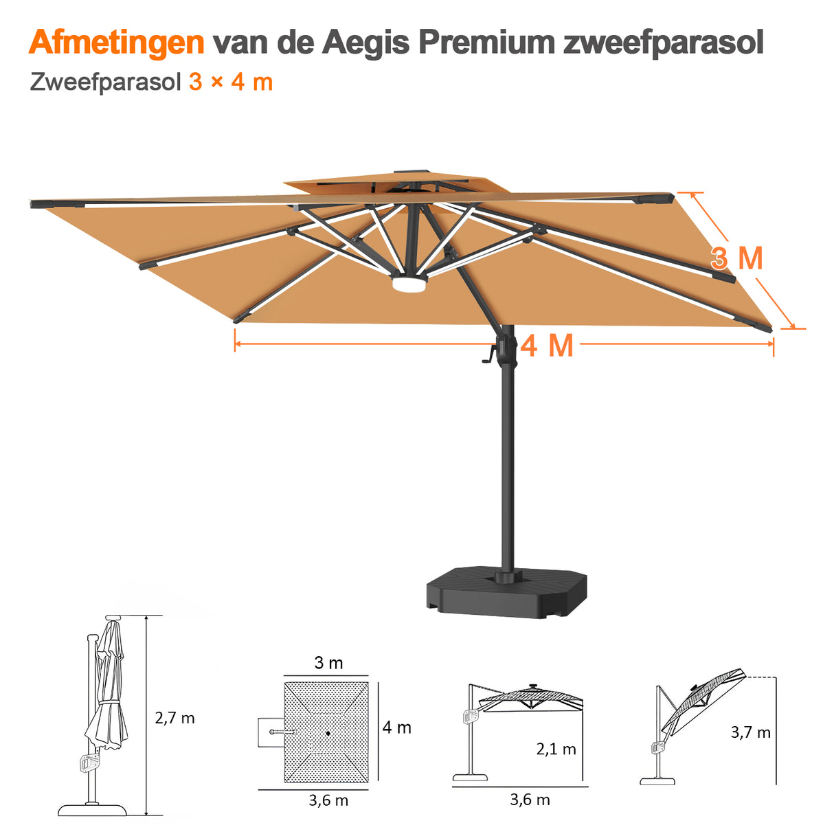 Patioslife Aegis Premium Zweefparasol – 360° Draaibaar met LED-Verlichting – Gepoedercoat Aluminium Frame – Glasvezel Baleinen – Tuin & Terras