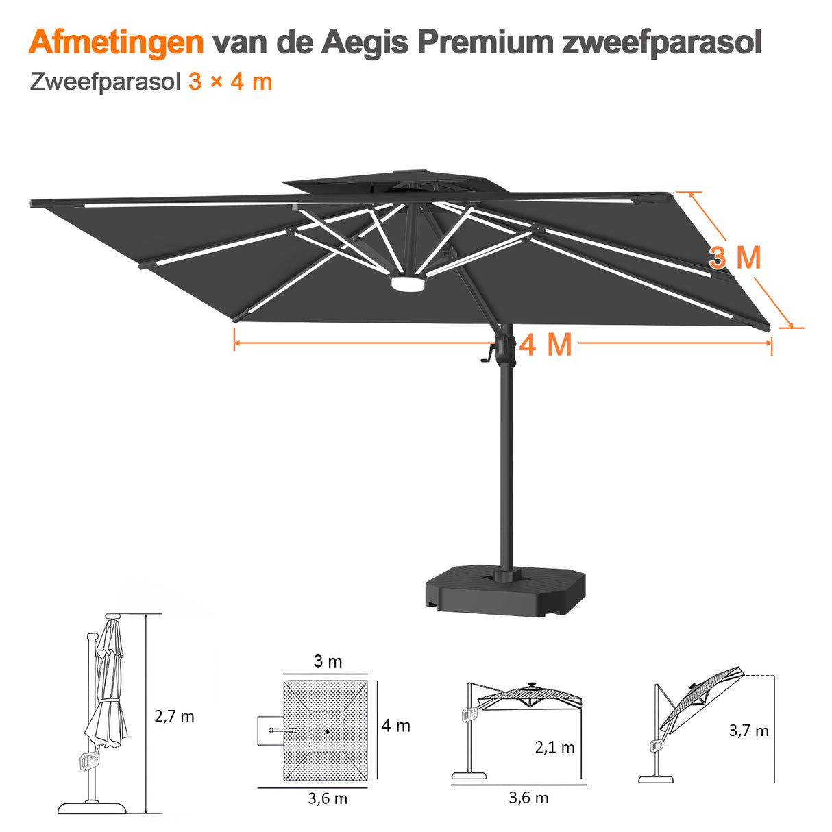 Patioslife Aegis Premium Zweefparasol – 360° Draaibaar met LED-Verlichting – Gepoedercoat Aluminium Frame – Glasvezel Baleinen – Tuin & Terras