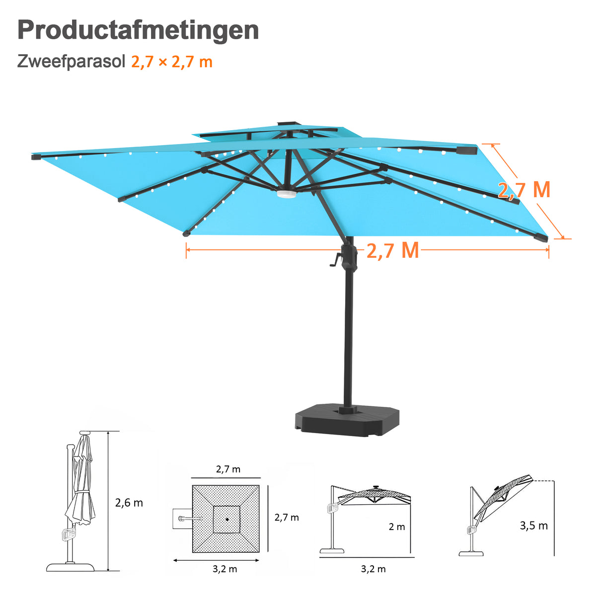 Patioslife Aegis Pro Cantilever Parasol met LED Verlichting, Versterkte Aluminium Ribben en Paal met Poedercoating — Perfect voor Tuin en Patio
