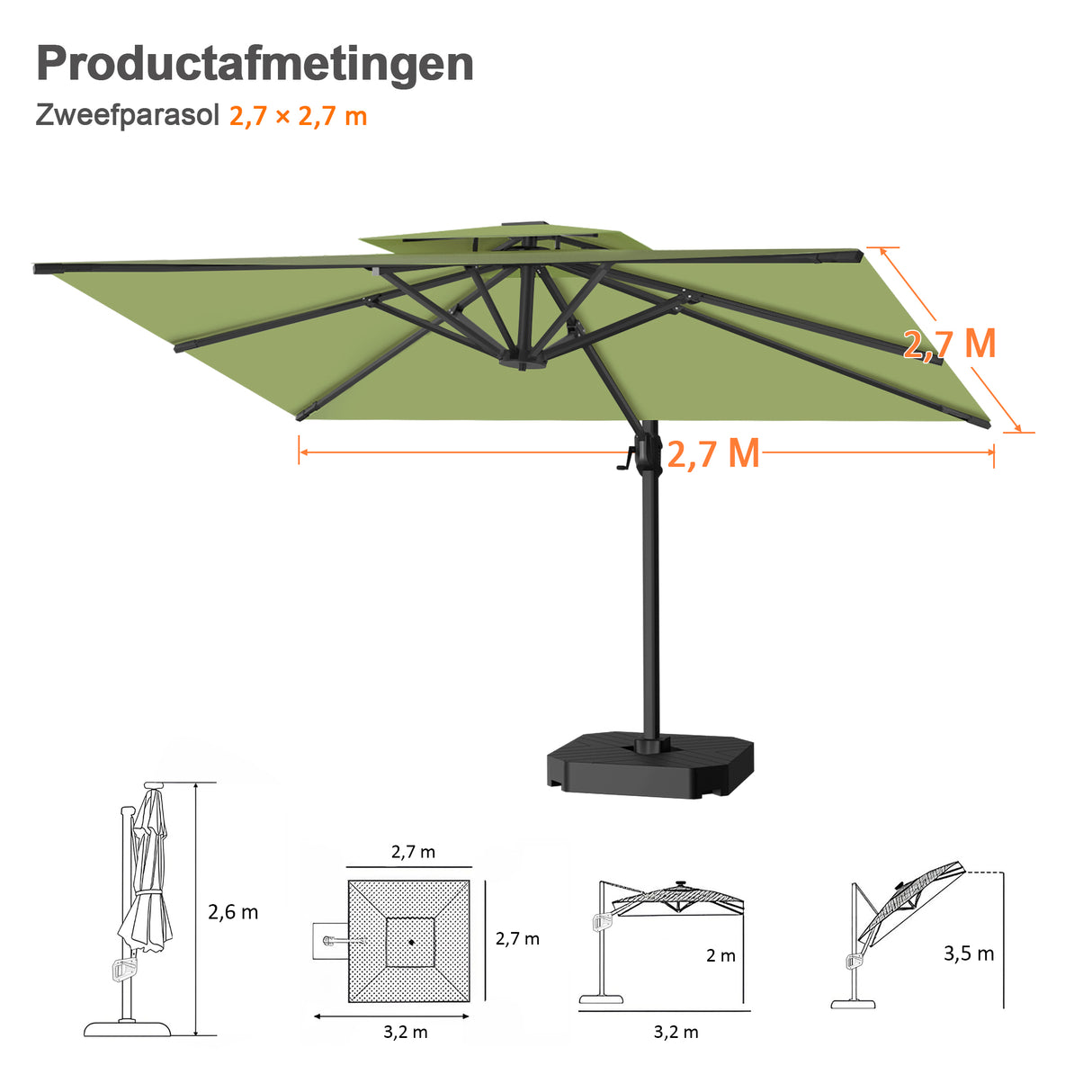 Patioslife Aegis Pro™ Cantilever Parasol met Kruisvoet — Robuust Frame en Poedergecoat Aluminium Paal voor Tuin en Terras