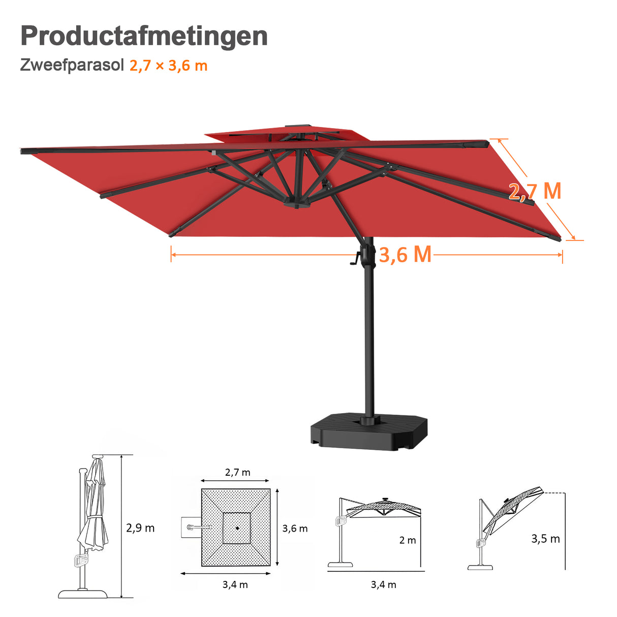 Patioslife Aegis Pro™ Cantilever Parasol met Kruisvoet — Robuust Frame en Poedergecoat Aluminium Paal voor Tuin en Terras