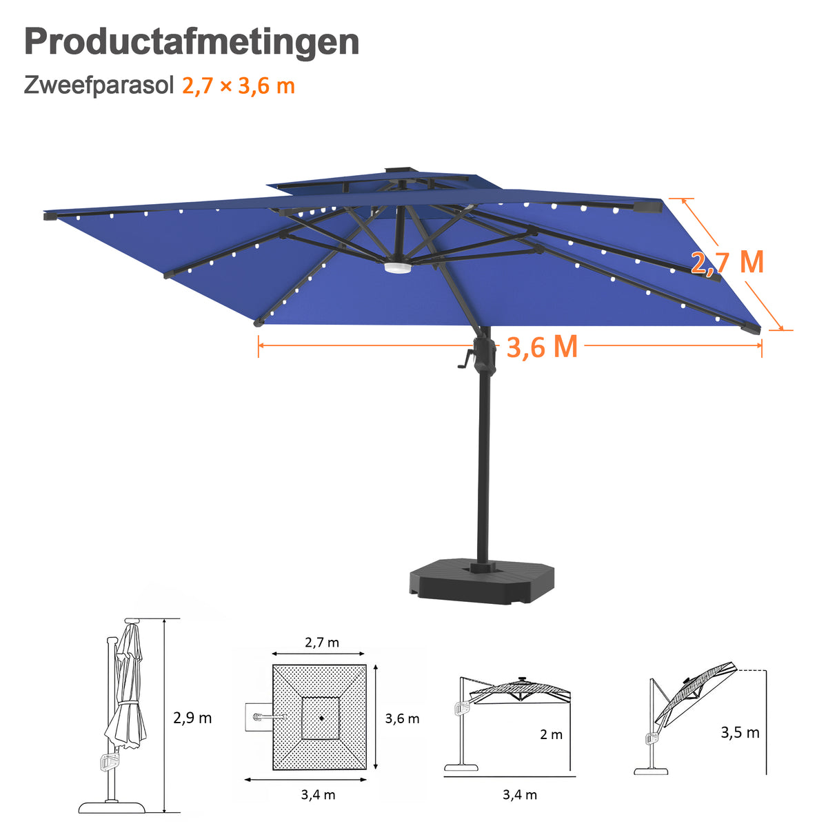 Patioslife Aegis Pro Cantilever Parasol met LED Verlichting, Versterkte Aluminium Ribben en Paal met Poedercoating — Perfect voor Tuin en Patio
