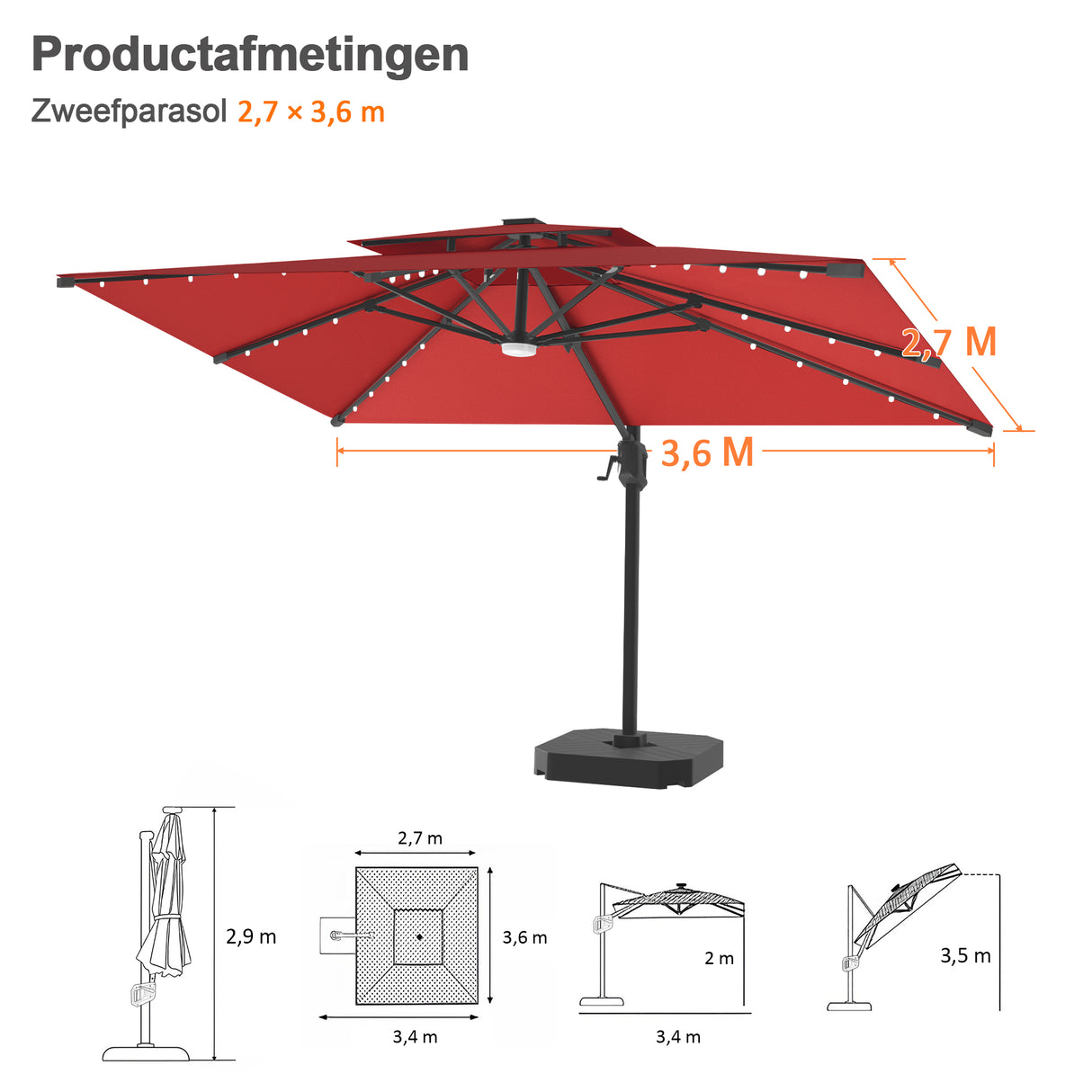 Patioslife Aegis Pro Cantilever Parasol met LED Verlichting, Versterkte Aluminium Ribben en Paal met Poedercoating — Perfect voor Tuin en Patio