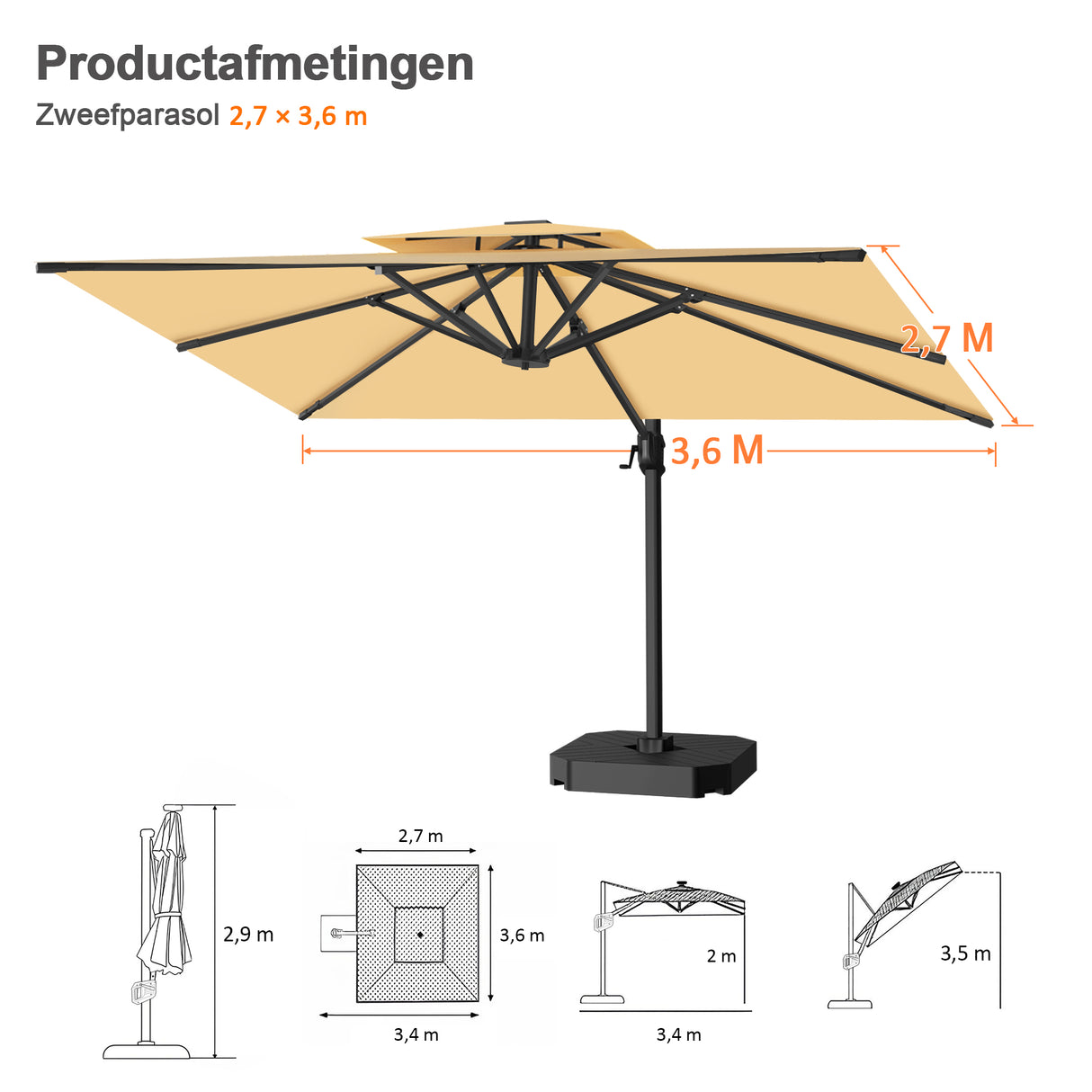 Patioslife Aegis Pro™ Cantilever Parasol met Kruisvoet — Robuust Frame en Poedergecoat Aluminium Paal voor Tuin en Terras