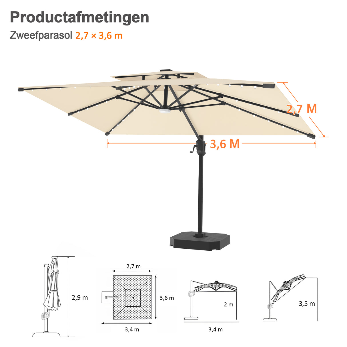 Patioslife Aegis Pro Cantilever Parasol met LED Verlichting, Versterkte Aluminium Ribben en Paal met Poedercoating — Perfect voor Tuin en Patio
