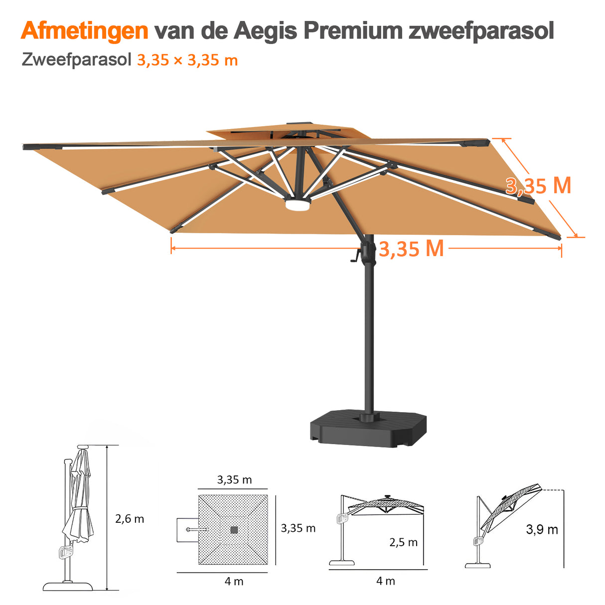 Patioslife Aegis Premium Zweefparasol – 360° Draaibaar met LED-Verlichting – Gepoedercoat Aluminium Frame – Glasvezel Baleinen – Tuin & Terras