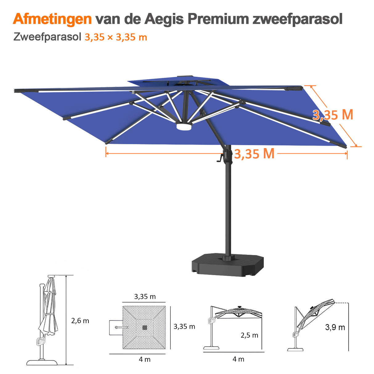 Patioslife Aegis Premium Zweefparasol – 360° Draaibaar met LED-Verlichting – Gepoedercoat Aluminium Frame – Glasvezel Baleinen – Tuin & Terras