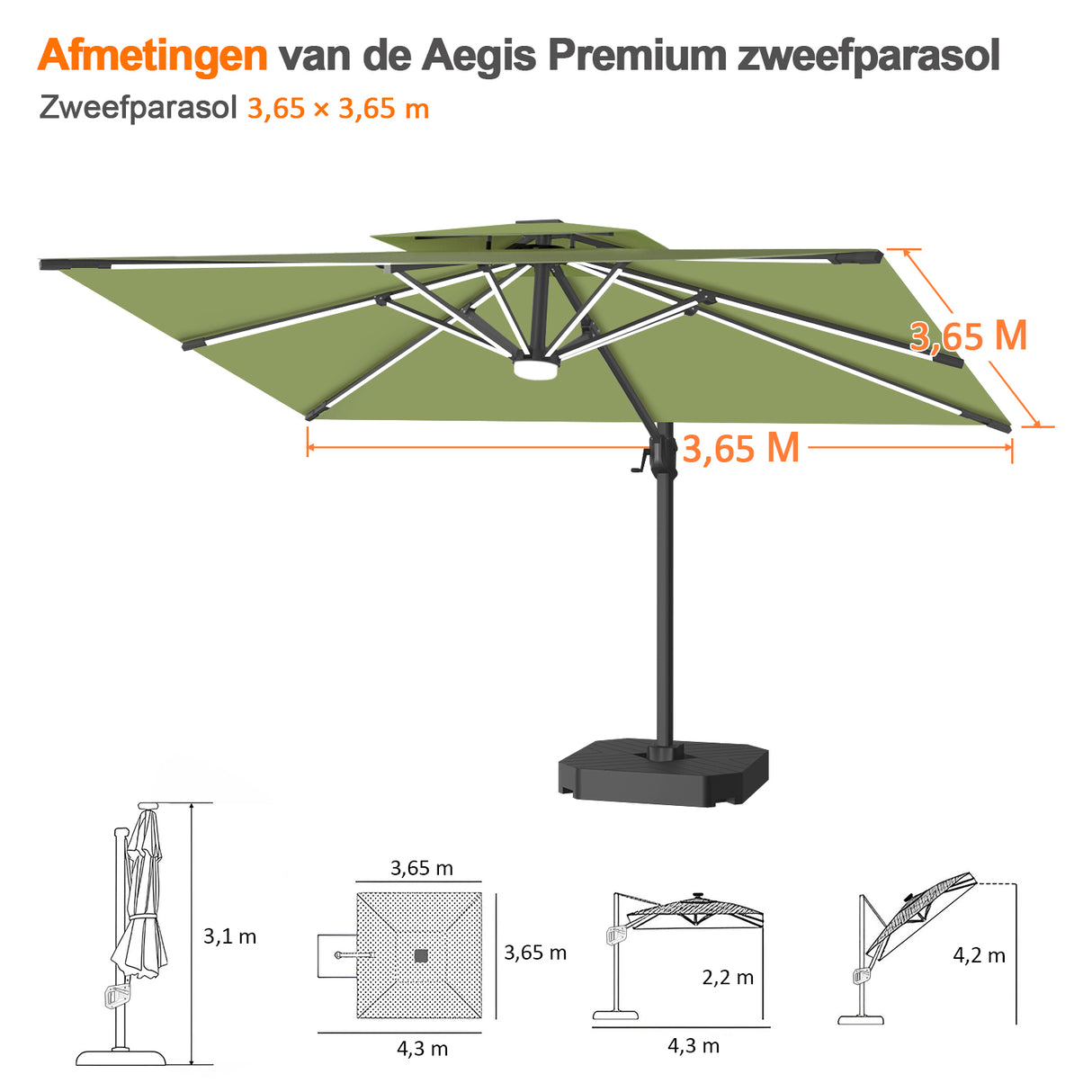 Patioslife Aegis Premium Zweefparasol – 360° Draaibaar met LED-Verlichting – Gepoedercoat Aluminium Frame – Glasvezel Baleinen – Tuin & Terras