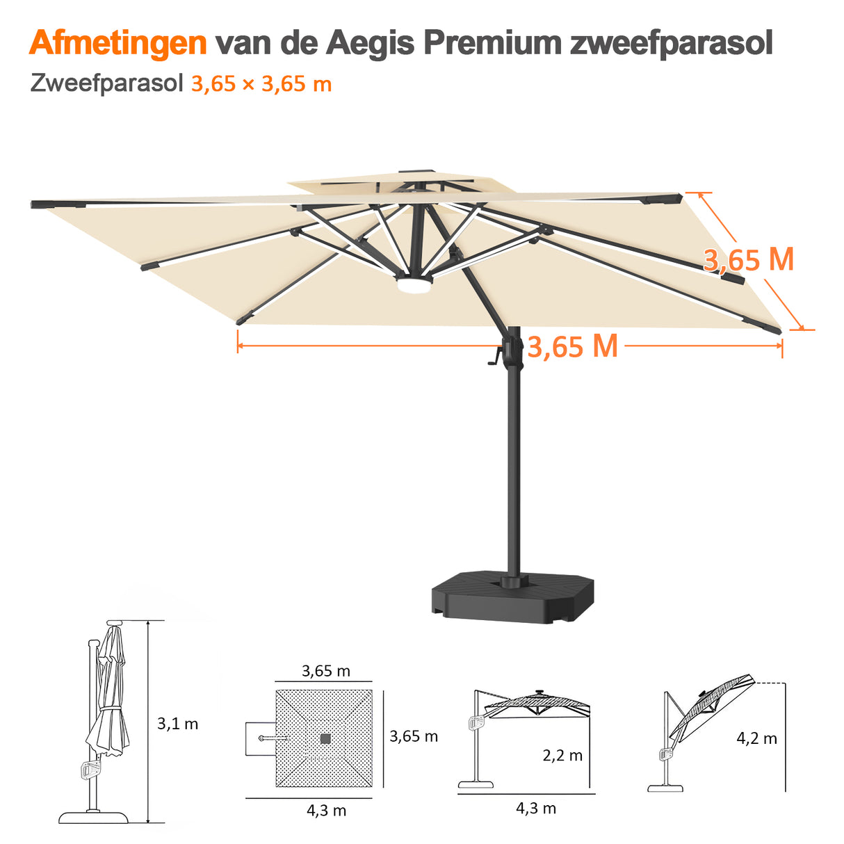 Patioslife Aegis Premium Zweefparasol – 360° Draaibaar met LED-Verlichting – Gepoedercoat Aluminium Frame – Glasvezel Baleinen – Tuin & Terras