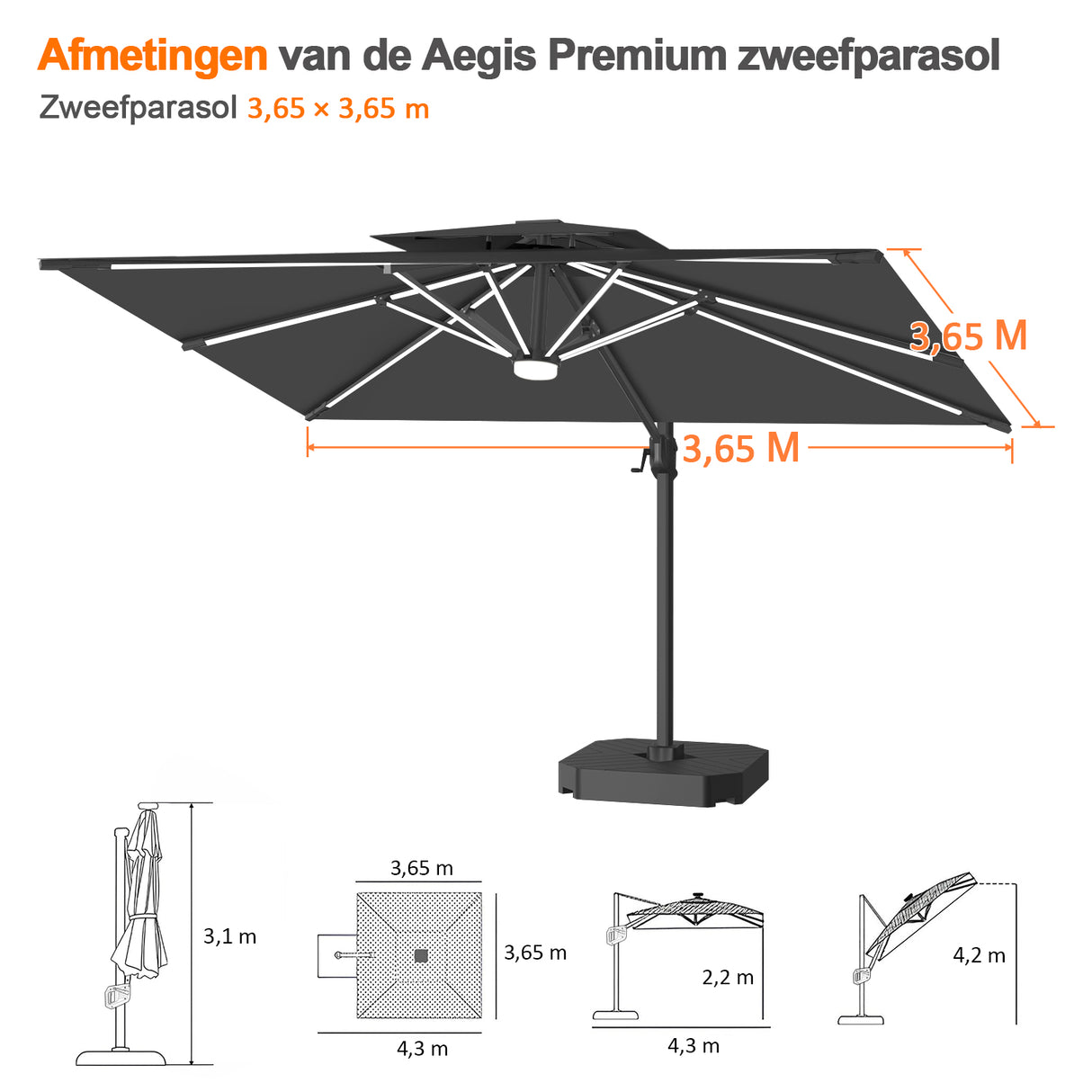 Patioslife Aegis Premium Zweefparasol – 360° Draaibaar met LED-Verlichting – Gepoedercoat Aluminium Frame – Glasvezel Baleinen – Tuin & Terras