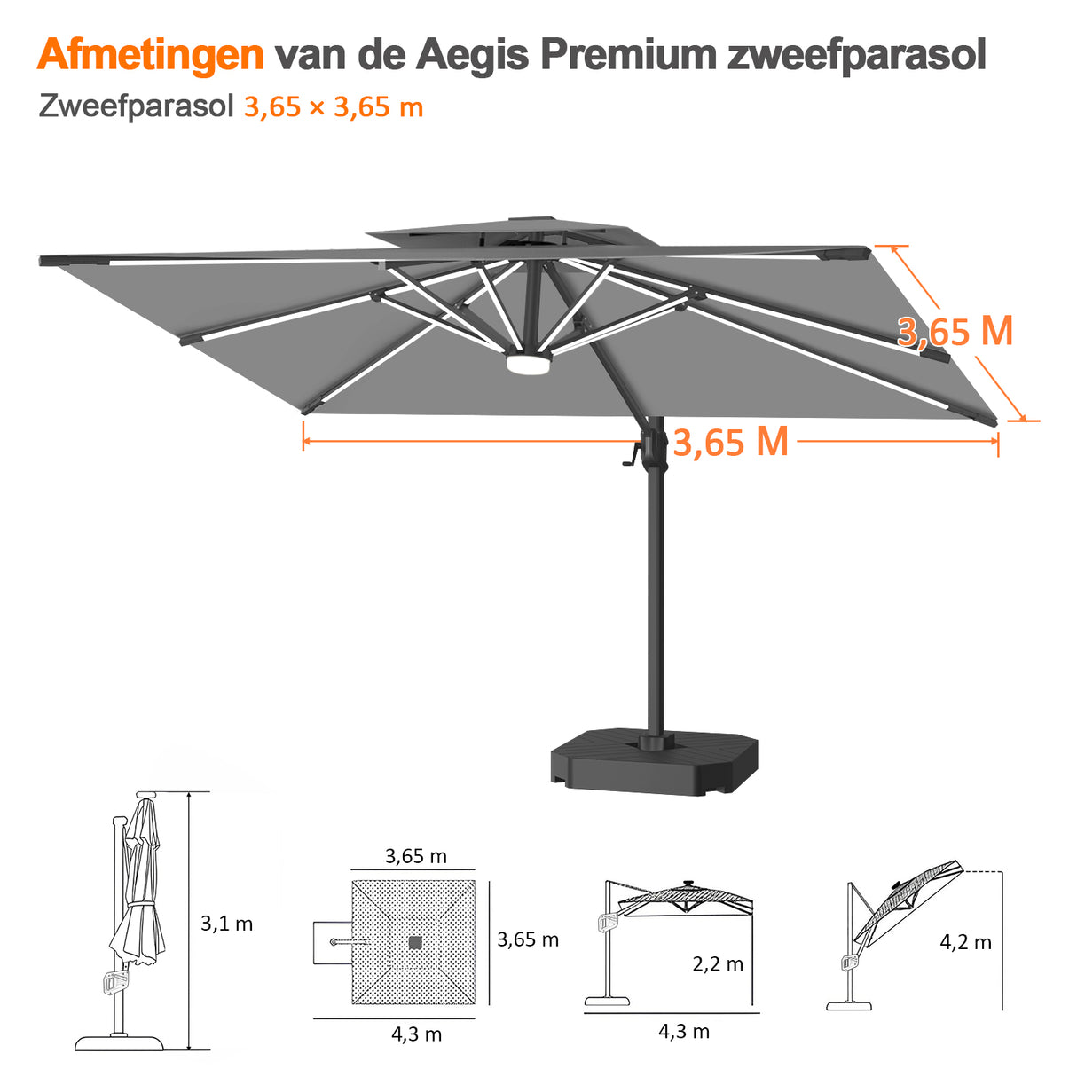Patioslife Aegis Premium Zweefparasol – 360° Draaibaar met LED-Verlichting – Gepoedercoat Aluminium Frame – Glasvezel Baleinen – Tuin & Terras