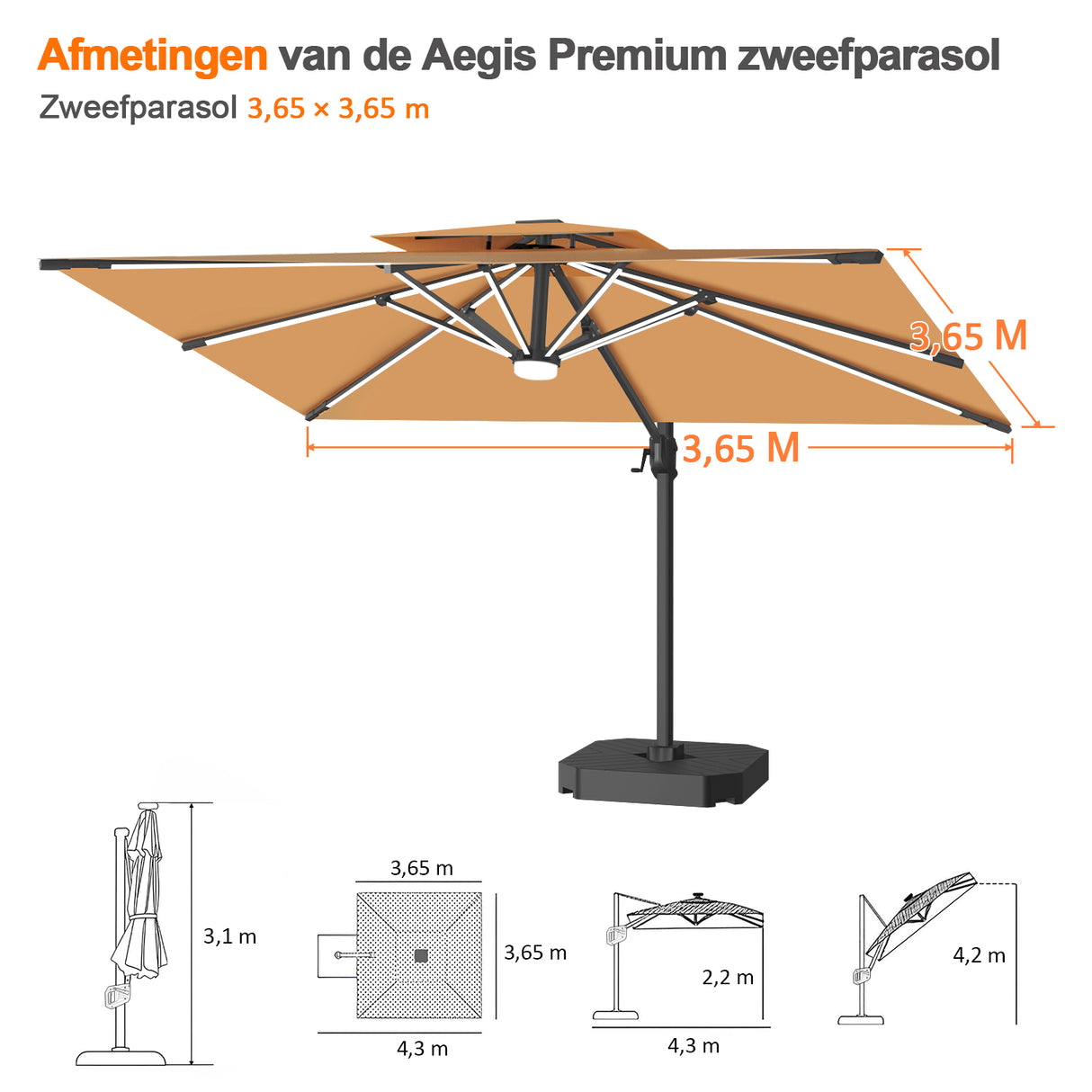 Patioslife Aegis Premium Zweefparasol – 360° Draaibaar met LED-Verlichting – Gepoedercoat Aluminium Frame – Glasvezel Baleinen – Tuin & Terras
