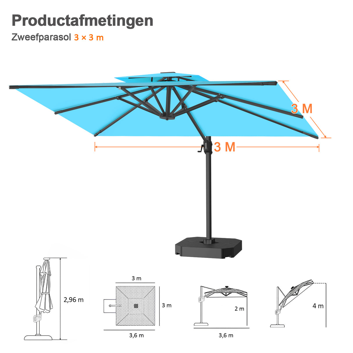 Patioslife Aegis Pro™ Cantilever Parasol met Kruisvoet — Robuust Frame en Poedergecoat Aluminium Paal voor Tuin en Terras