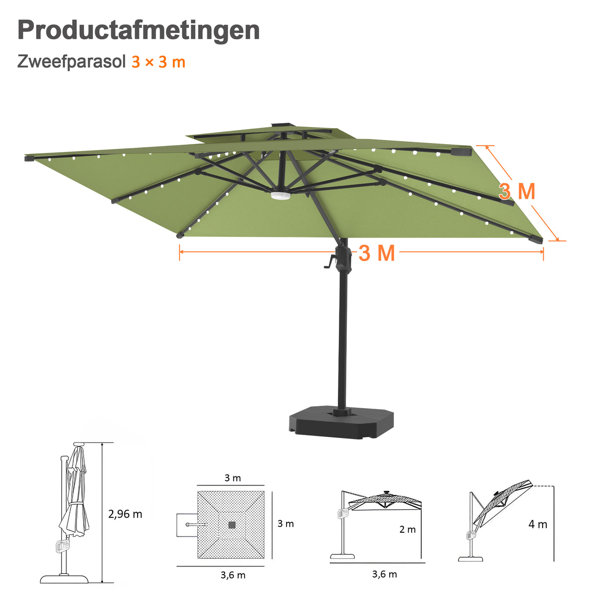 Patioslife Aegis Pro Cantilever Parasol met LED Verlichting, Versterkte Aluminium Ribben en Paal met Poedercoating — Perfect voor Tuin en Patio