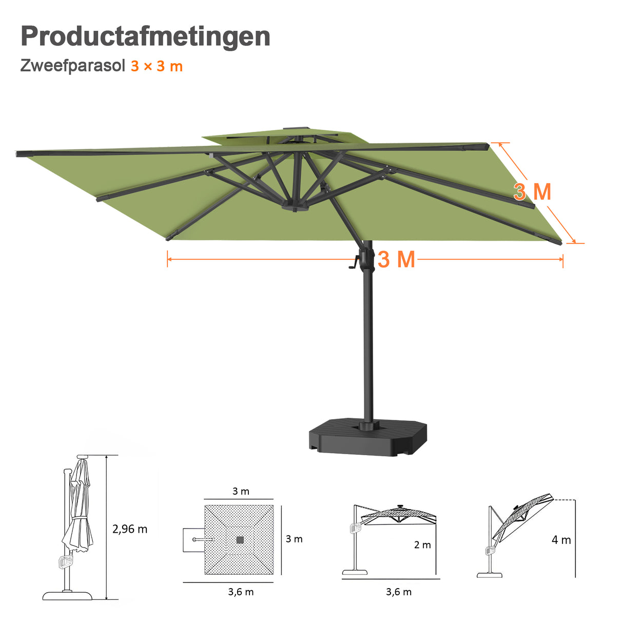Patioslife Aegis Pro™ Cantilever Parasol met Kruisvoet — Robuust Frame en Poedergecoat Aluminium Paal voor Tuin en Terras