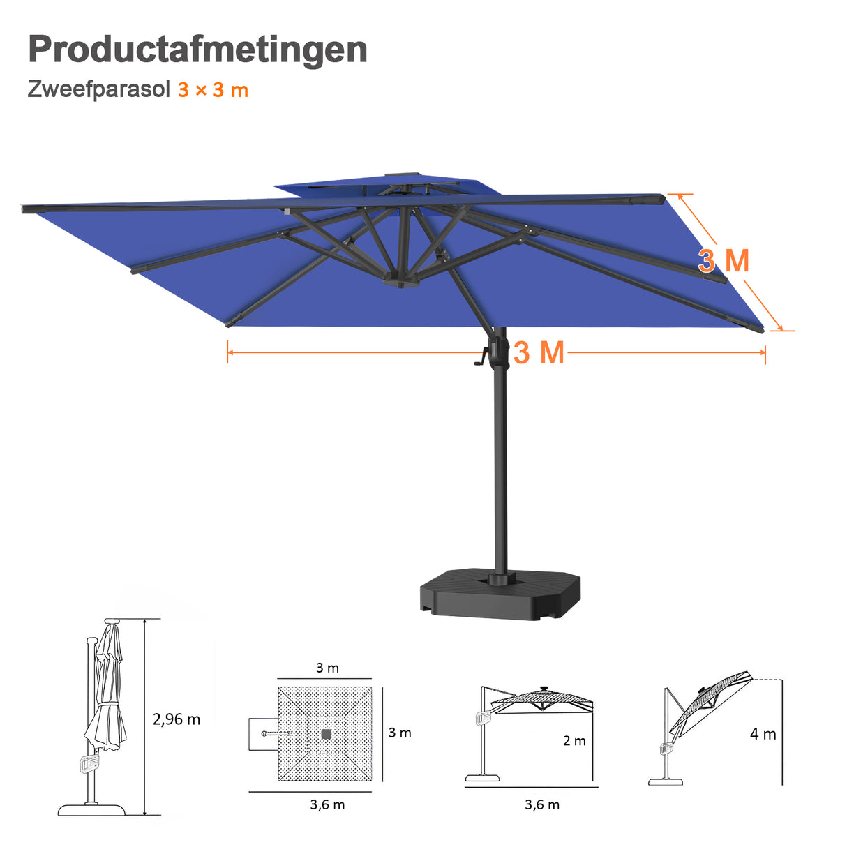 Patioslife Aegis Pro™ Cantilever Parasol met Kruisvoet — Robuust Frame en Poedergecoat Aluminium Paal voor Tuin en Terras