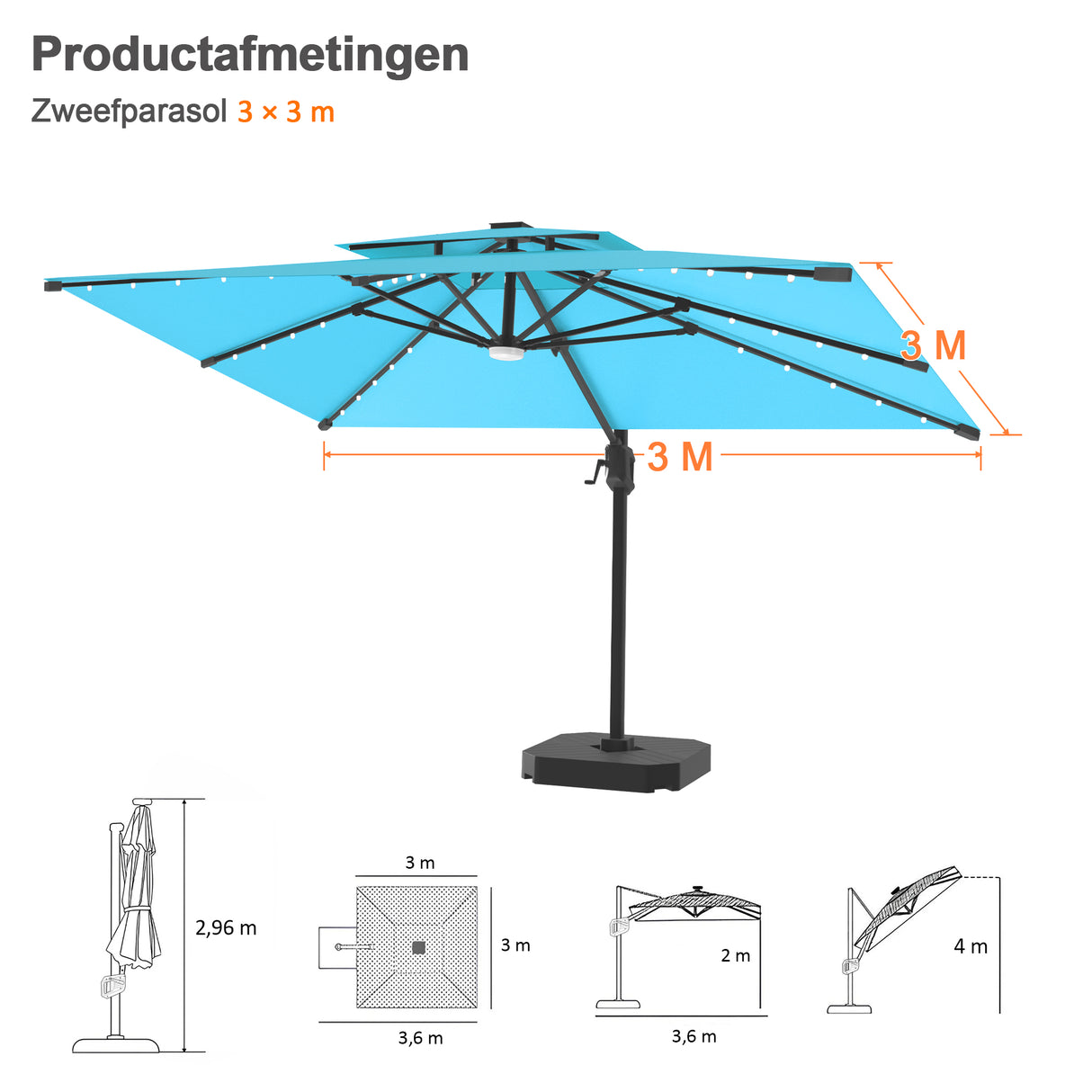 Patioslife Aegis Pro Cantilever Parasol met LED Verlichting, Versterkte Aluminium Ribben en Paal met Poedercoating — Perfect voor Tuin en Patio