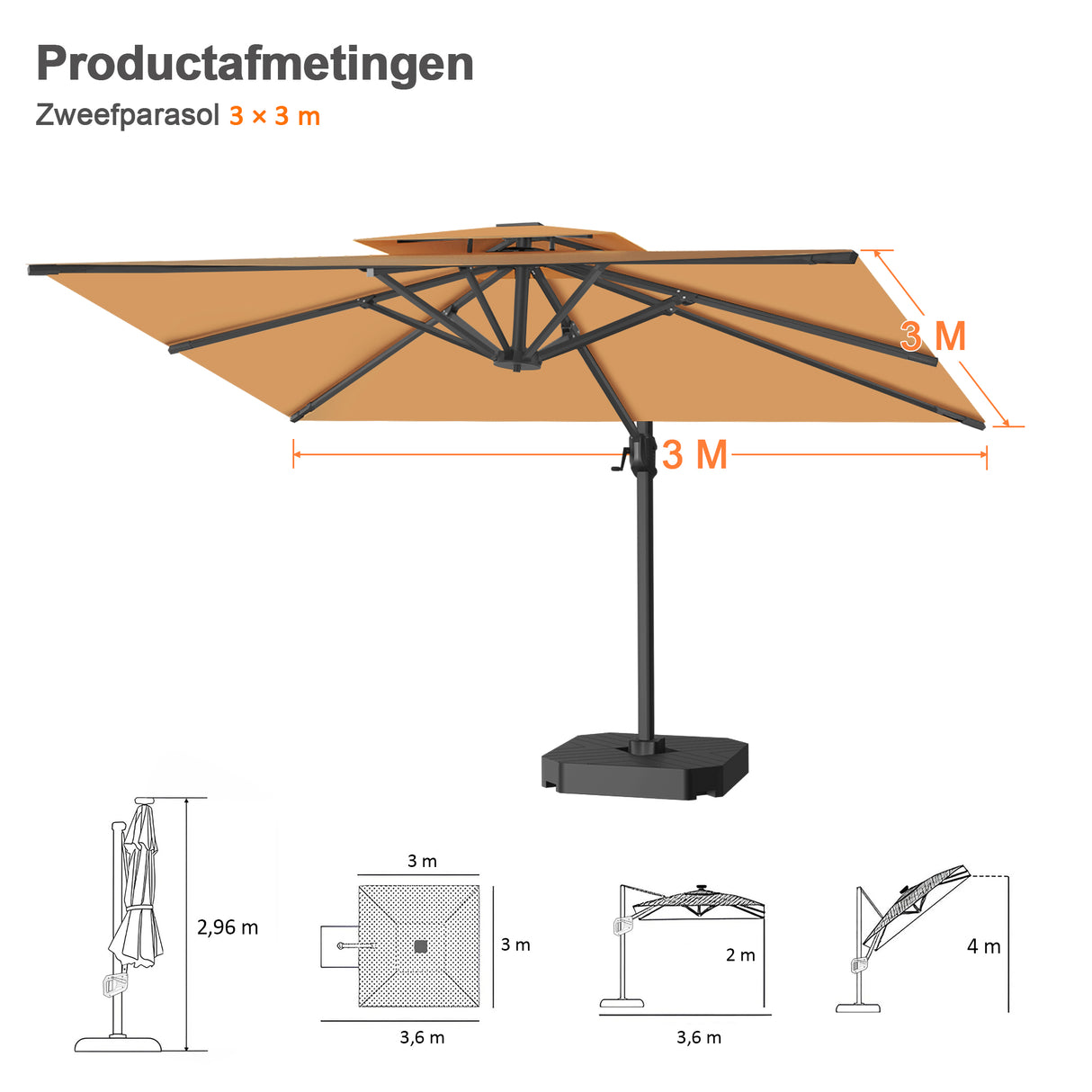 Patioslife Aegis Pro™ Cantilever Parasol met Kruisvoet — Robuust Frame en Poedergecoat Aluminium Paal voor Tuin en Terras