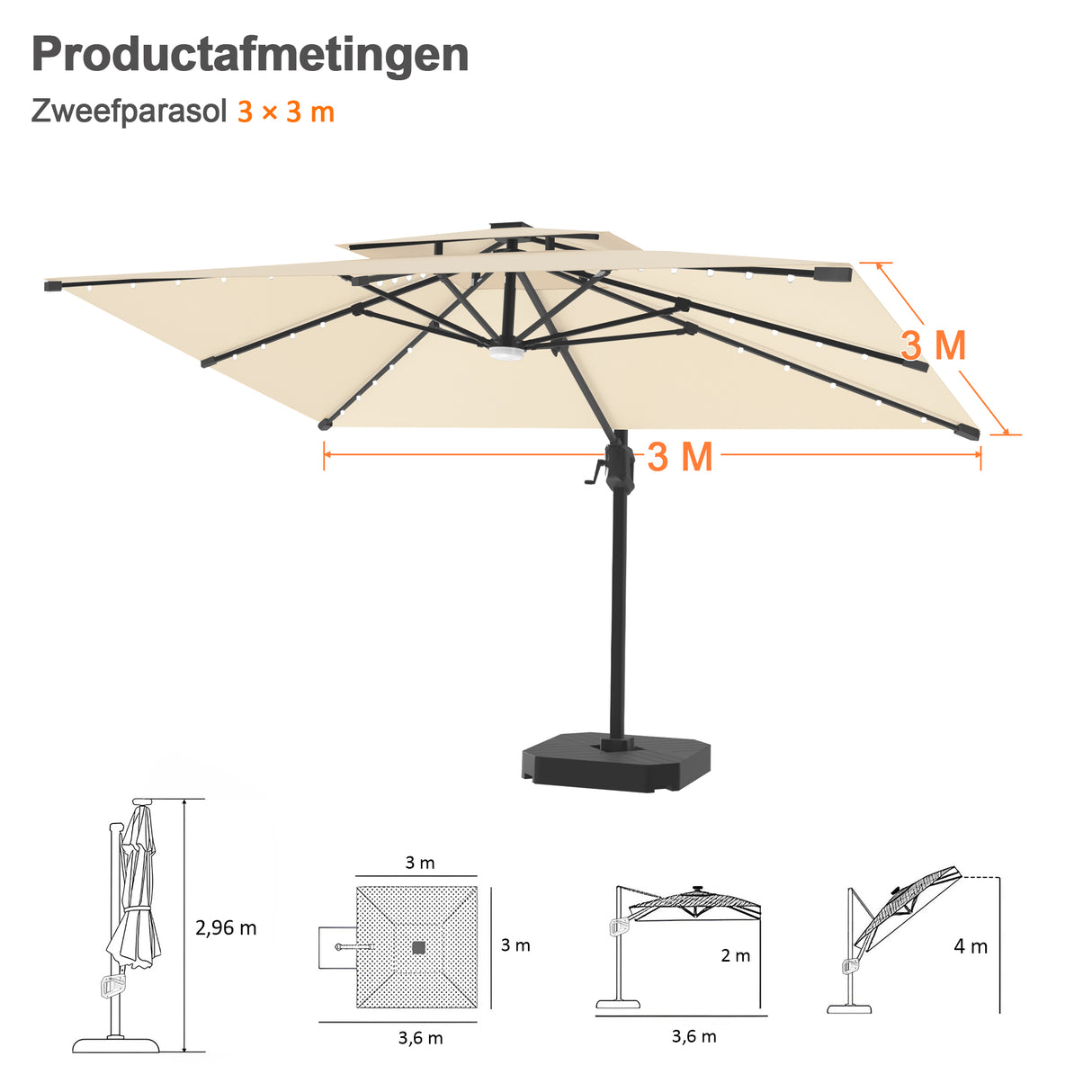 Patioslife Aegis Pro Cantilever Parasol met LED Verlichting, Versterkte Aluminium Ribben en Paal met Poedercoating — Perfect voor Tuin en Patio