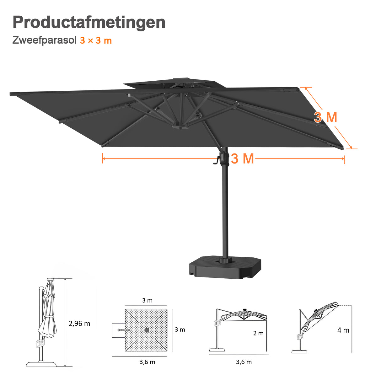 Patioslife Aegis Pro™ Cantilever Parasol met Kruisvoet — Robuust Frame en Poedergecoat Aluminium Paal voor Tuin en Terras
