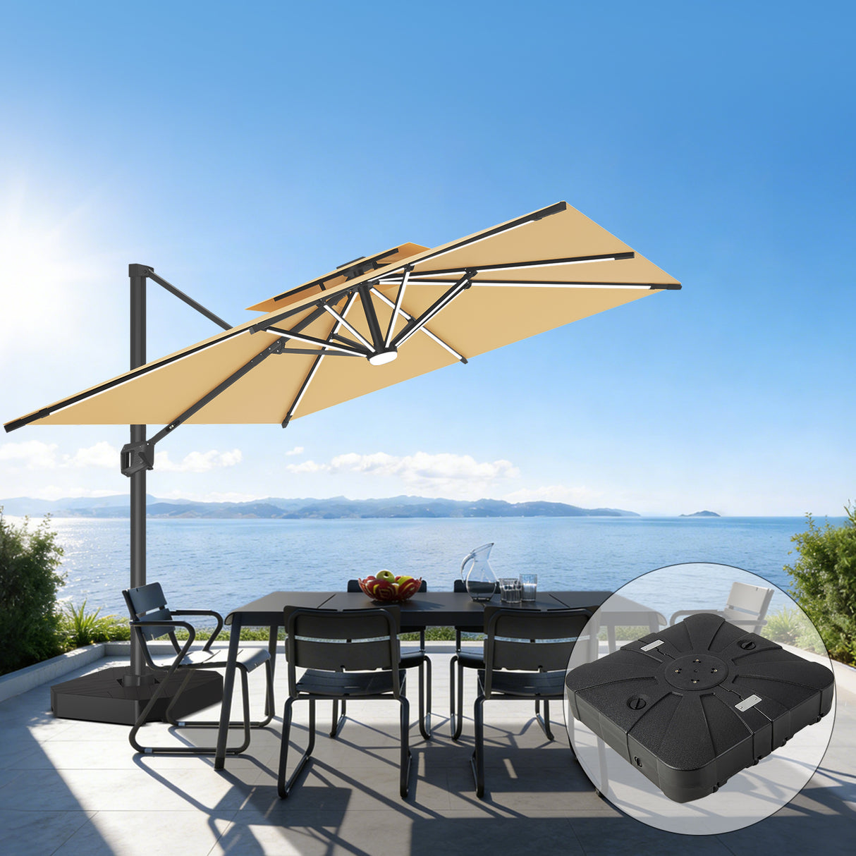 Patioslife Aegis Premium Zweefparasol – 360° Draaibaar met LED-Verlichting – Gepoedercoat Aluminium Frame – Glasvezel Baleinen – Tuin & Terras