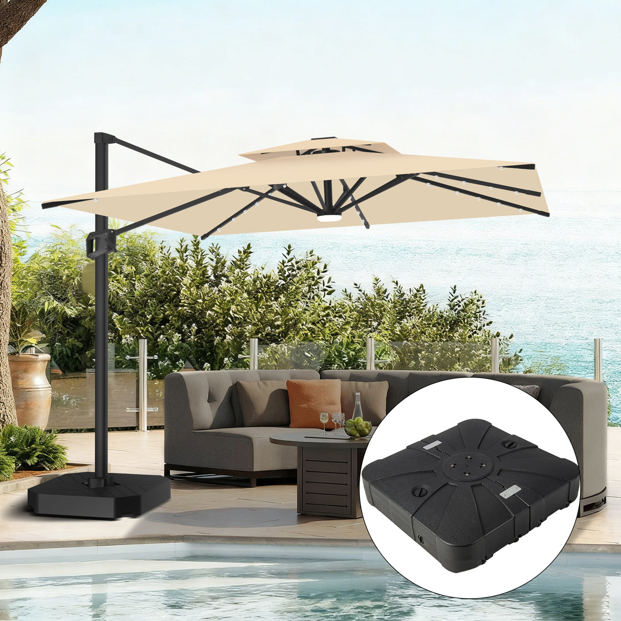 Patioslife Aegis Pro Cantilever Parasol met LED Verlichting, Versterkte Aluminium Ribben en Paal met Poedercoating — Perfect voor Tuin en Patio