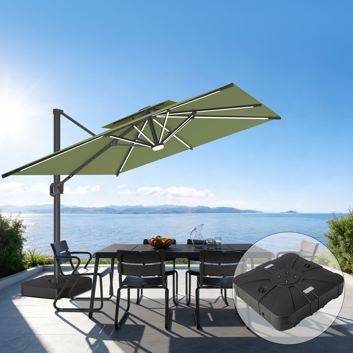 Patioslife Aegis Premium Zweefparasol – 360° Draaibaar met LED-Verlichting – Gepoedercoat Aluminium Frame – Glasvezel Baleinen – Tuin & Terras