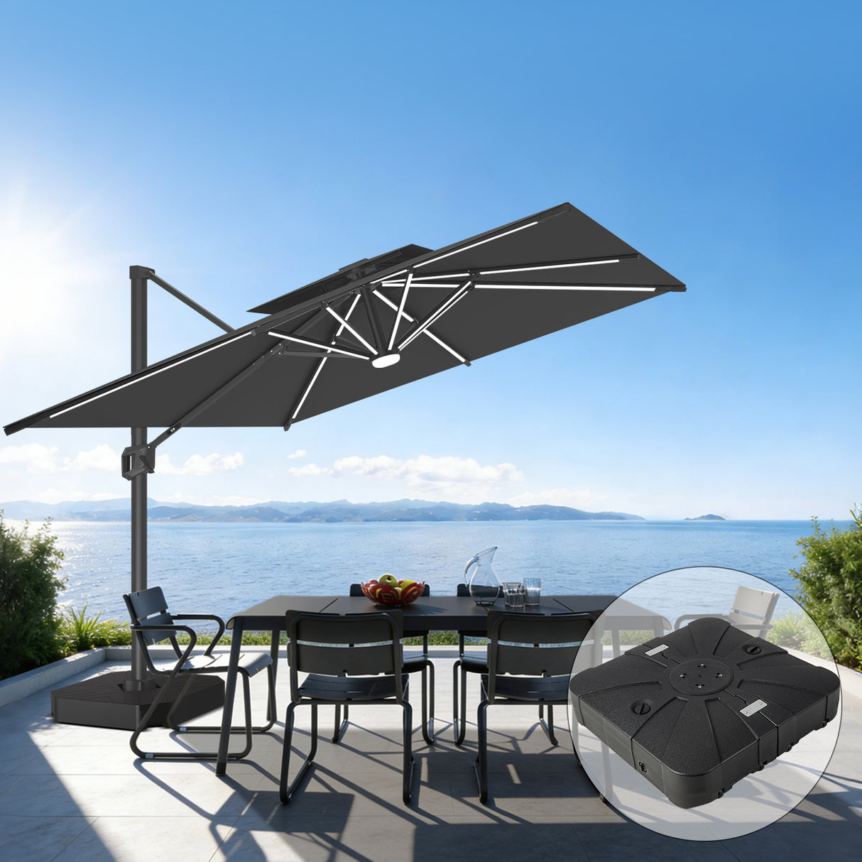 Patioslife Aegis Premium Zweefparasol – 360° Draaibaar met LED-Verlichting – Gepoedercoat Aluminium Frame – Glasvezel Baleinen – Tuin & Terras